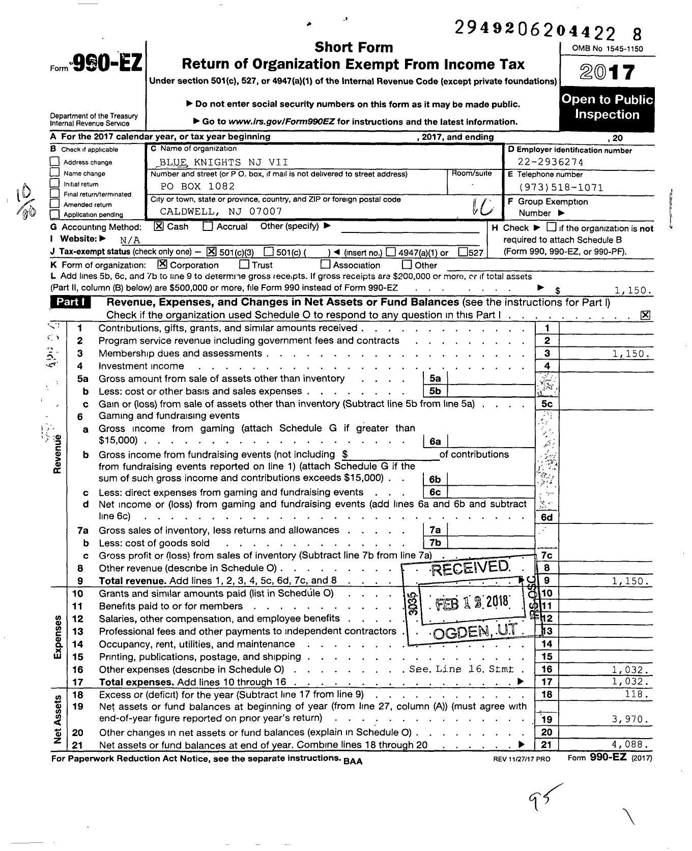 Image of first page of 2017 Form 990EO for Blue Knights NJ Vii