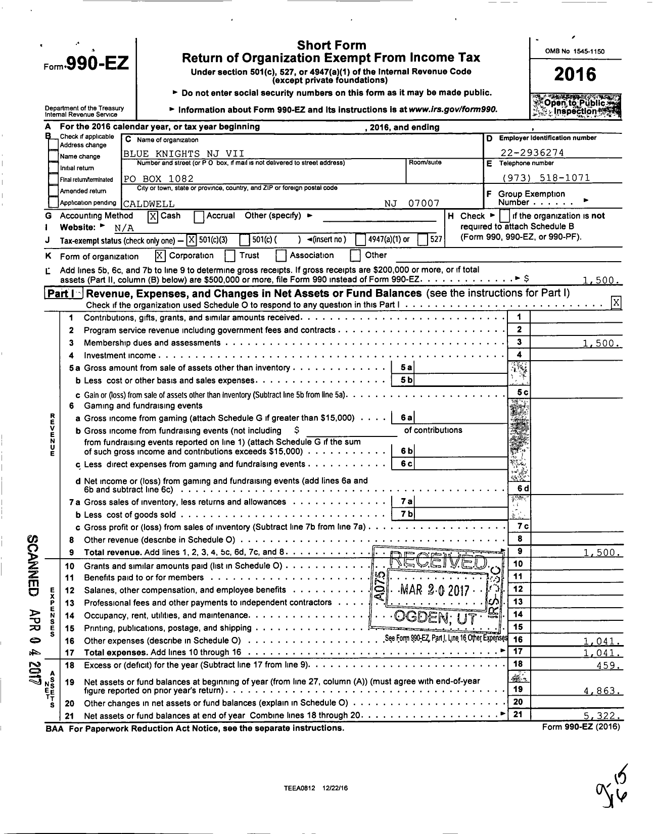 Image of first page of 2016 Form 990EZ for Blue Knights NJ Vii