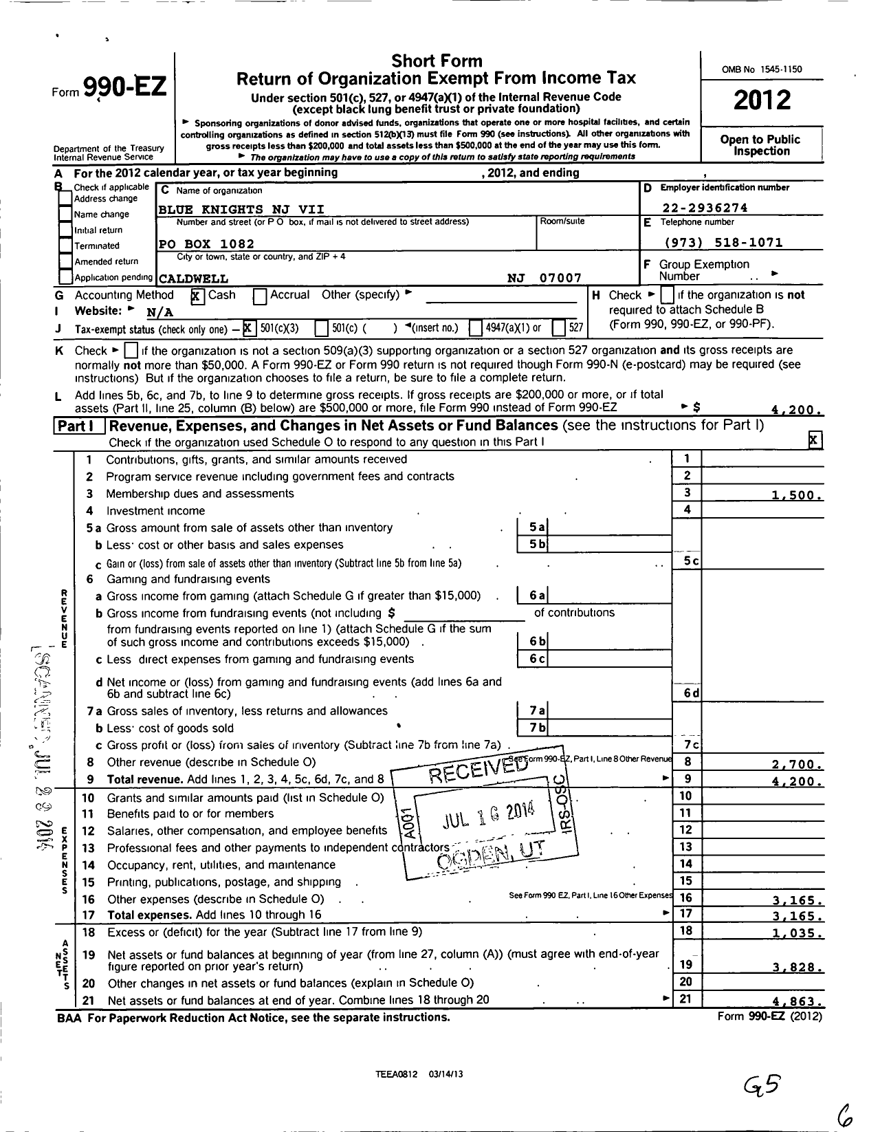 Image of first page of 2012 Form 990EZ for Blue Knights NJ Vii