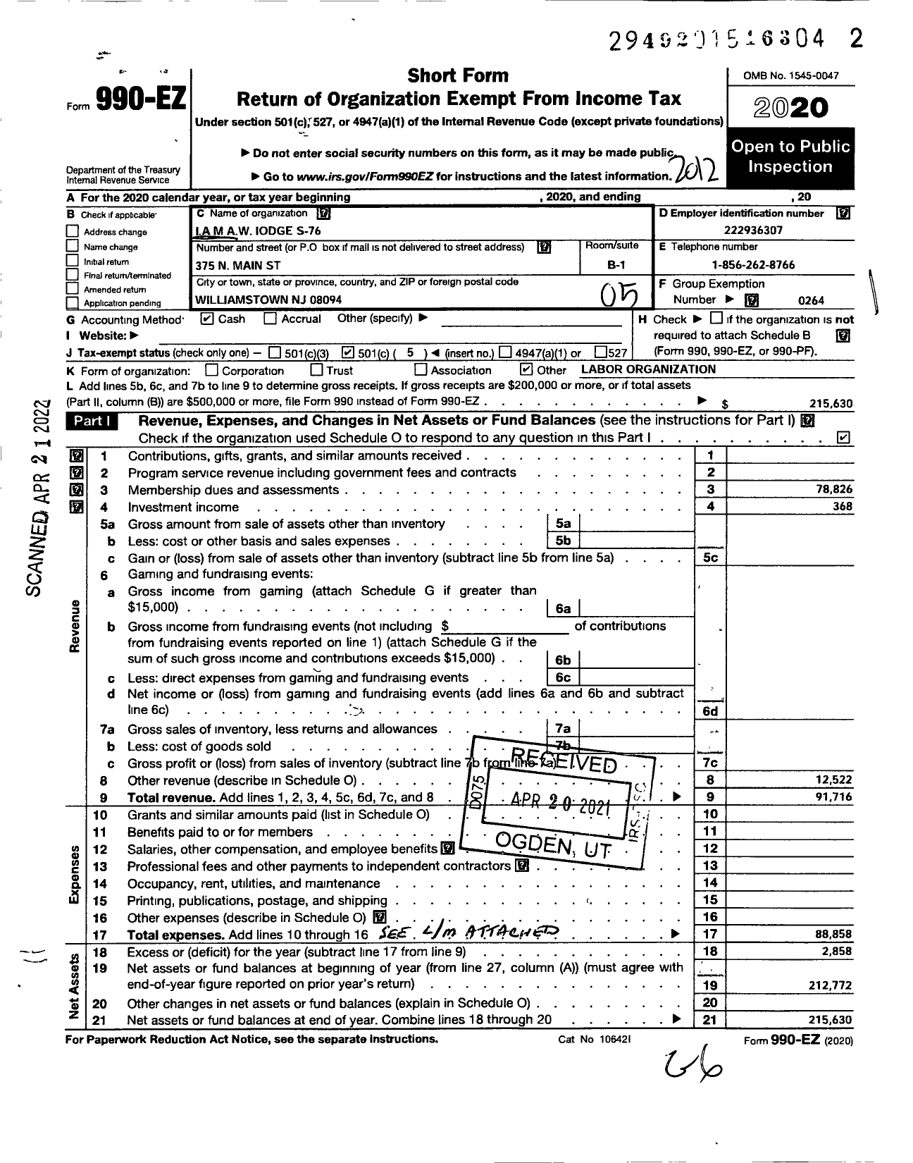 Image of first page of 2020 Form 990EO for International Association of Machinists and Aerospace Workers - S76 Lodge