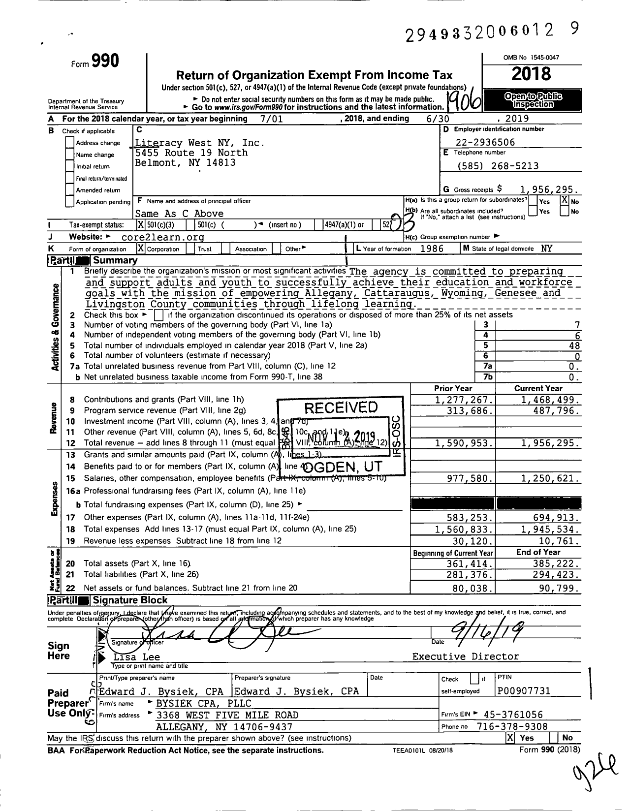 Image of first page of 2018 Form 990 for Literacy West NY