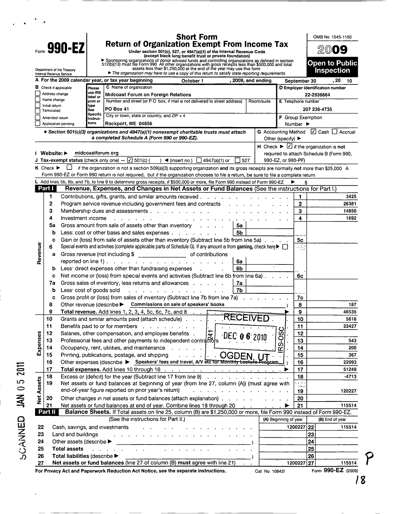 Image of first page of 2009 Form 990EO for Mid-Coast Forum on Foreign Relations