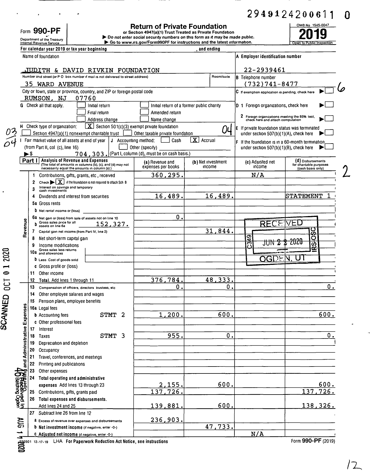 Image of first page of 2019 Form 990PR for Judith and David Rivkin Foundation