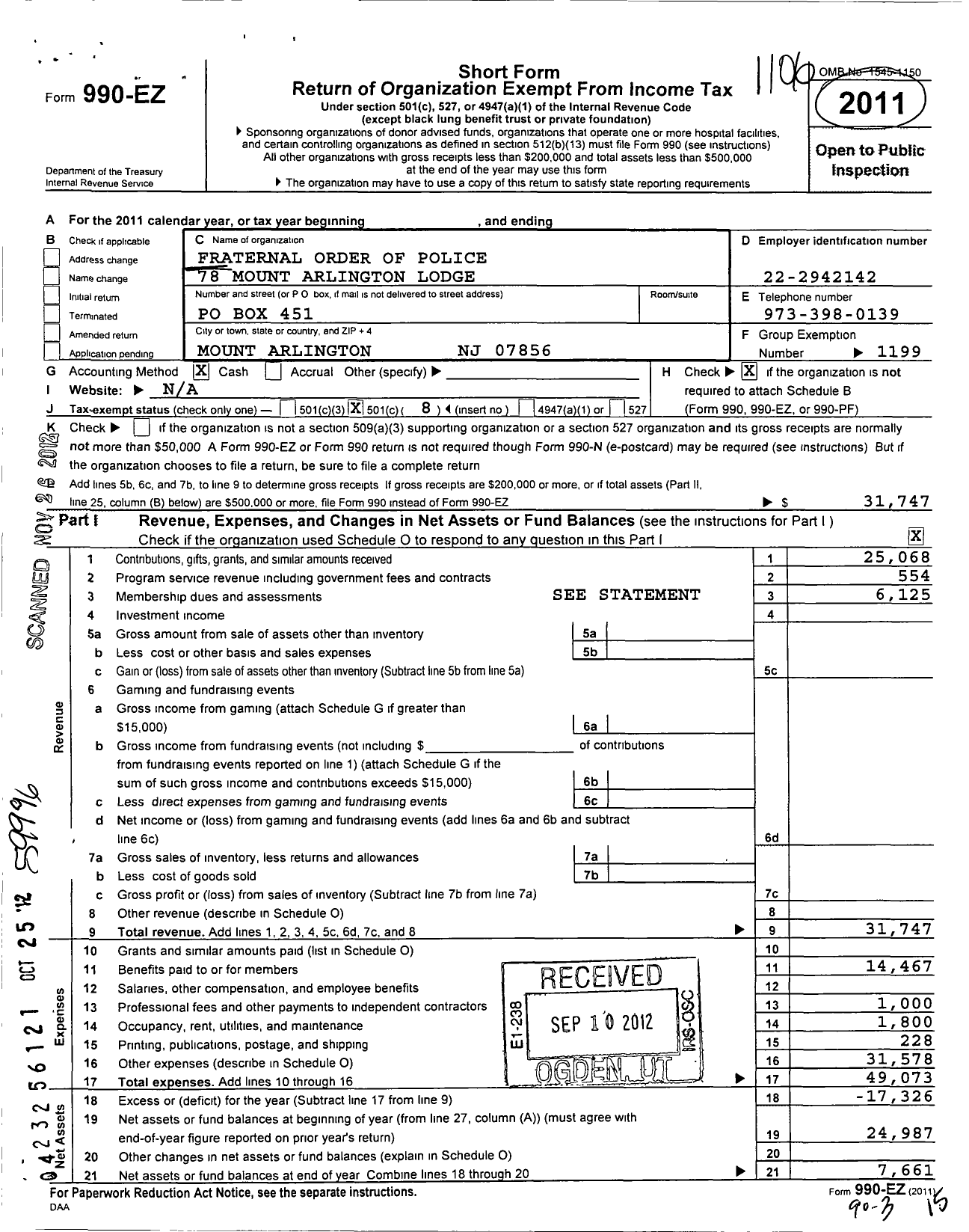 Image of first page of 2010 Form 990EO for Fraternal Order of Police - 78 Mount Arlington Lodge