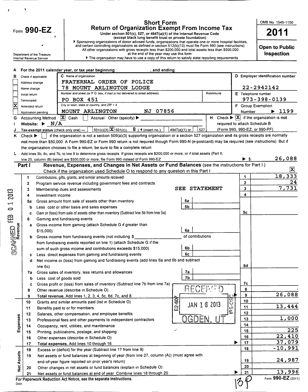 Image of first page of 2011 Form 990EO for Fraternal Order of Police - 78 Mount Arlington Lodge