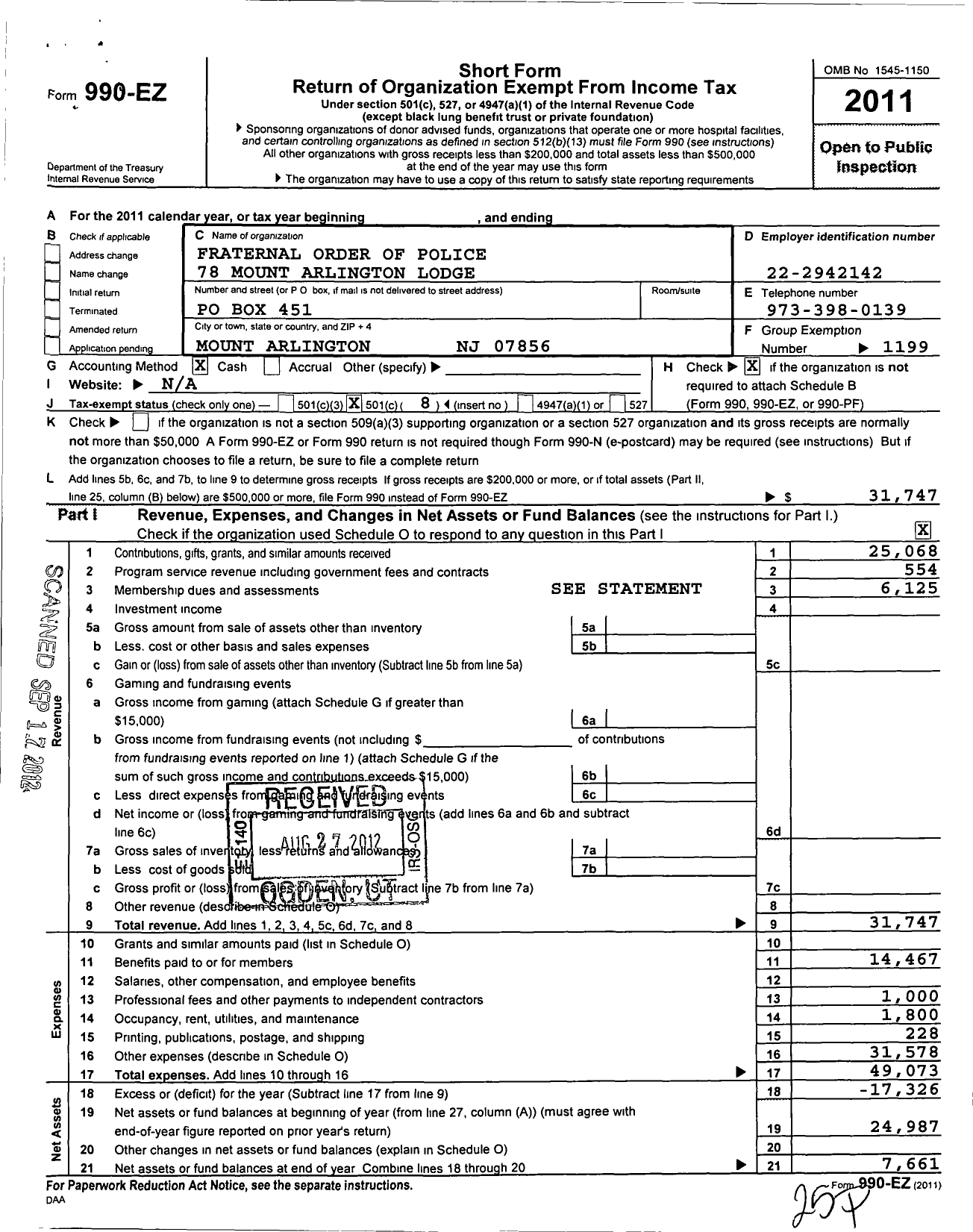 Image of first page of 2011 Form 990EO for Fraternal Order of Police - 78 Mount Arlington Lodge