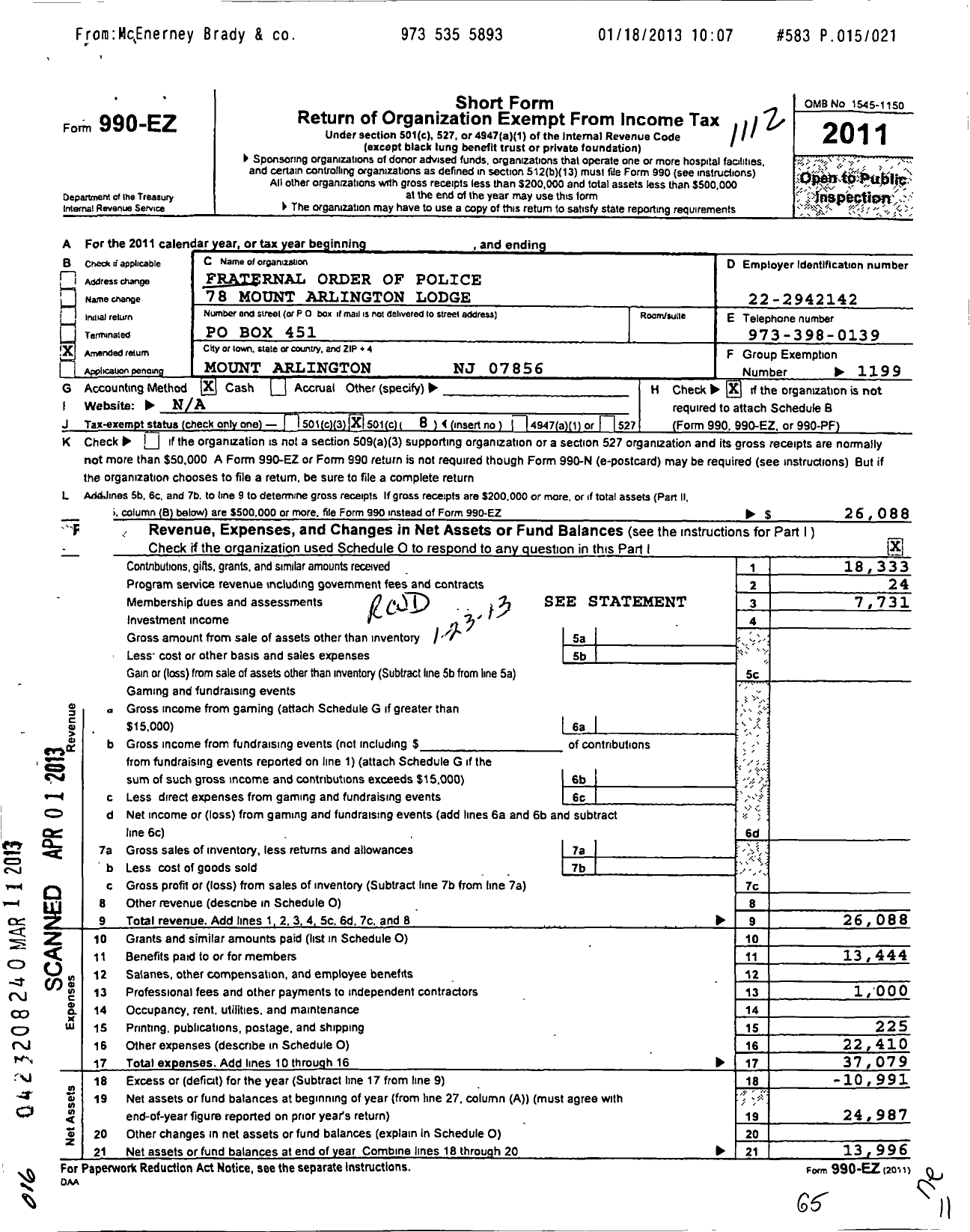 Image of first page of 2011 Form 990EO for Fraternal Order of Police - 78 Mount Arlington Lodge