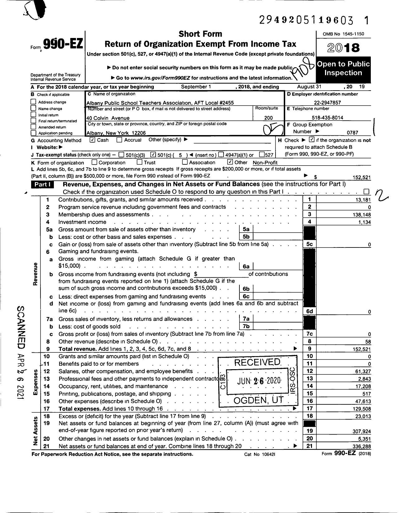 Image of first page of 2018 Form 990EO for American Federation of Teachers - 2455 Albany Public School Teachers