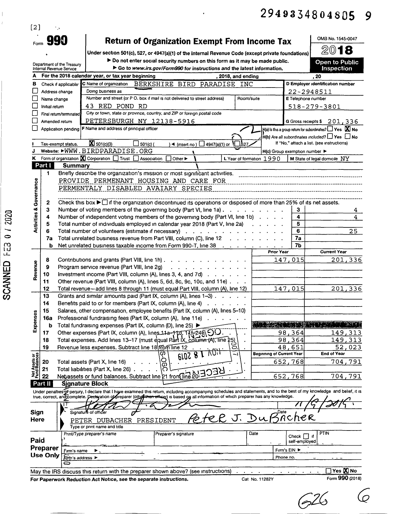 Image of first page of 2018 Form 990 for Berkshire Bird Paradise