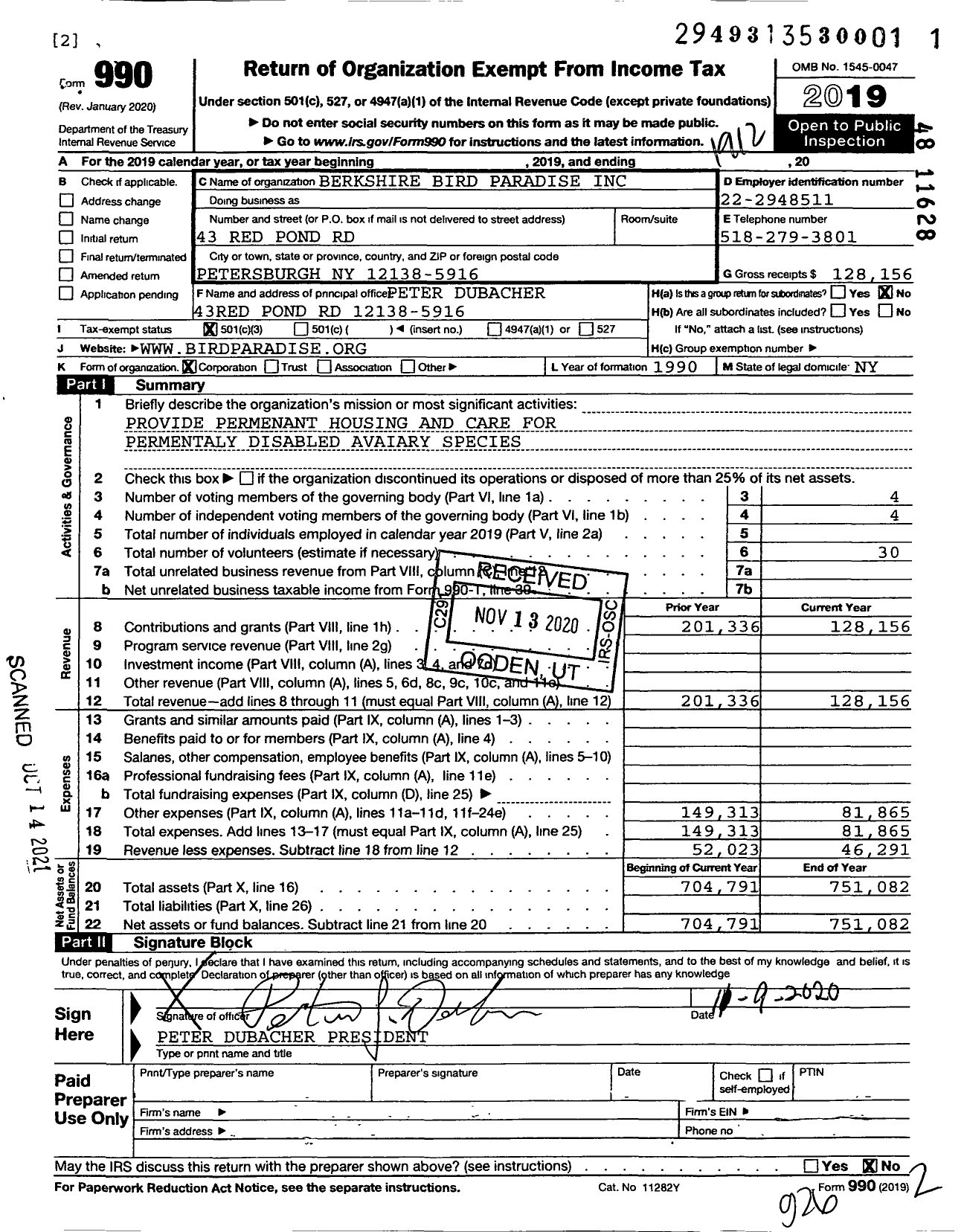 Image of first page of 2019 Form 990 for Berkshire Bird Paradise