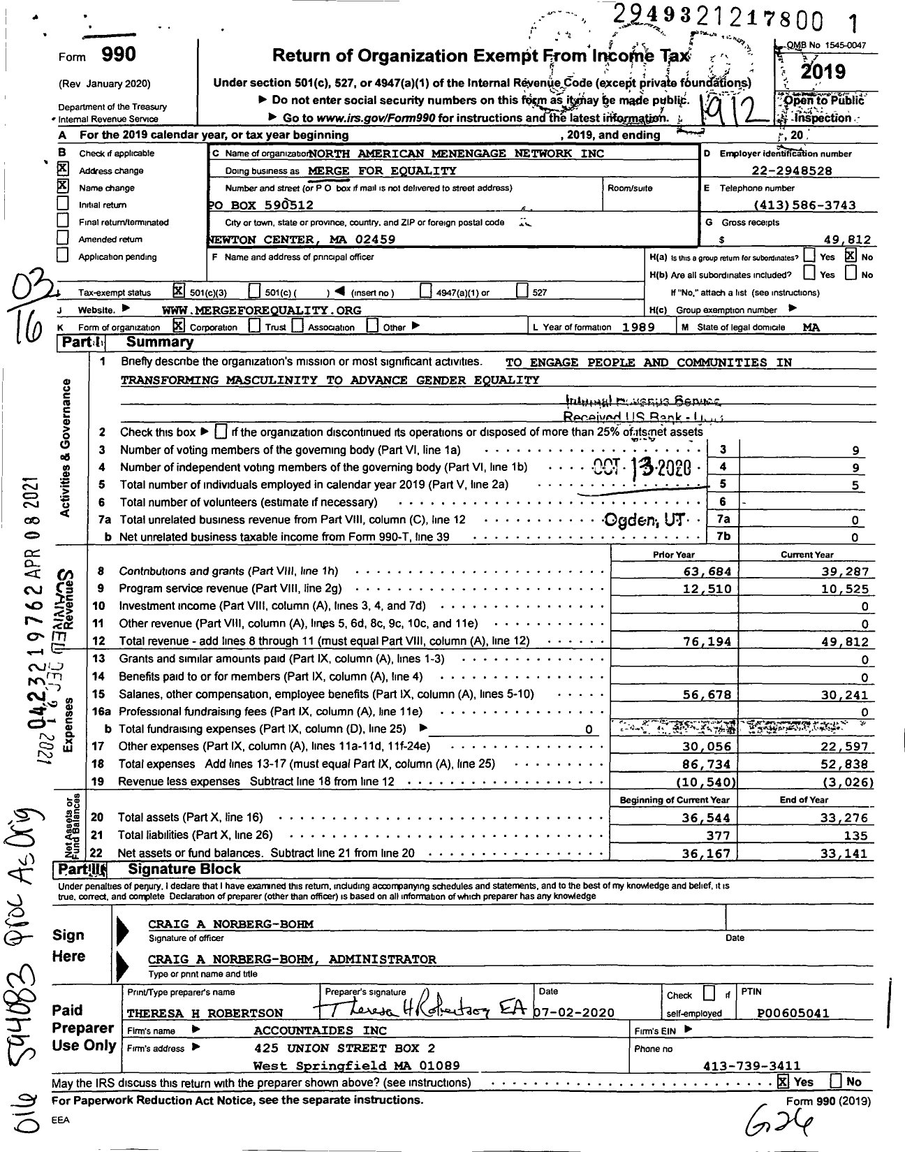 Image of first page of 2019 Form 990 for Merge for Equality