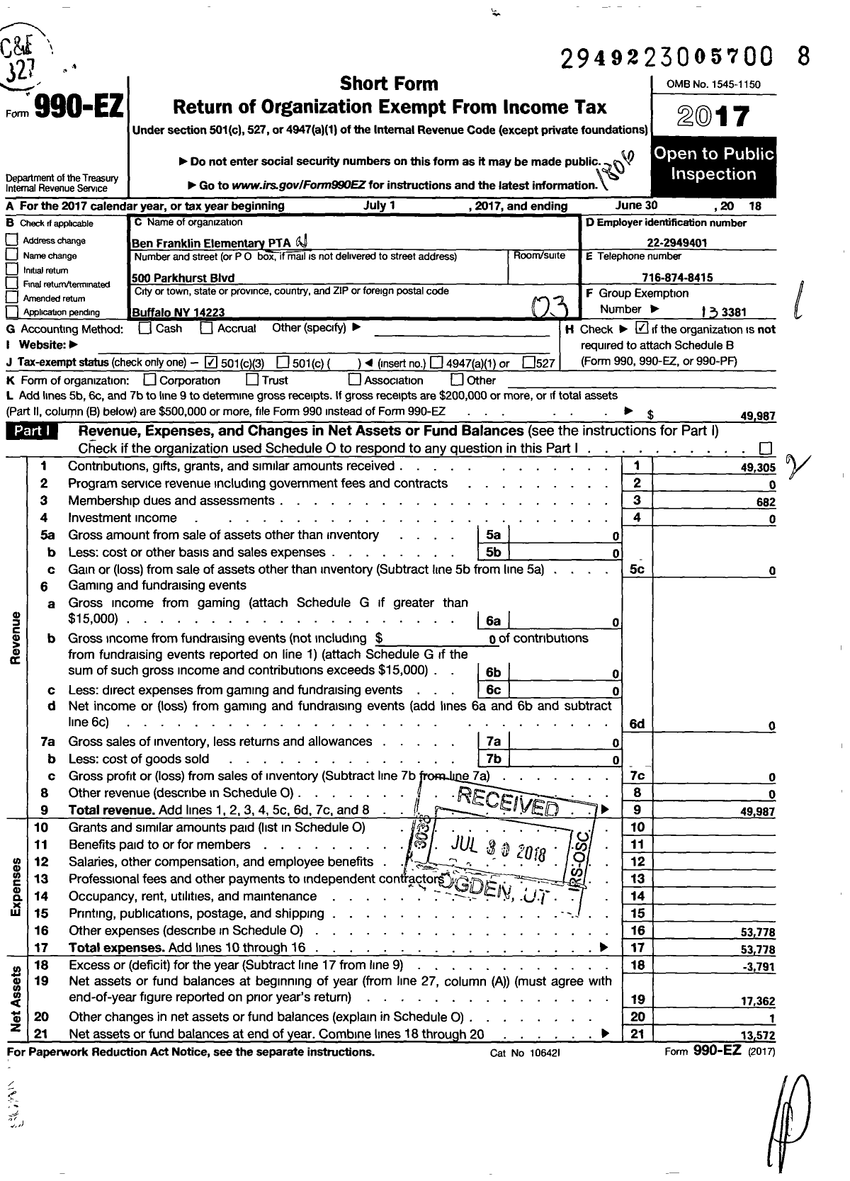 Image of first page of 2017 Form 990EZ for New York State PTA - 19-189 Ben Franklin Elementary PTA