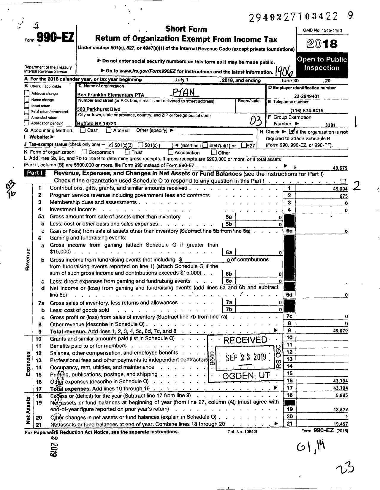 Image of first page of 2018 Form 990EZ for New York State PTA - 19-189 Ben Franklin Elementary PTA