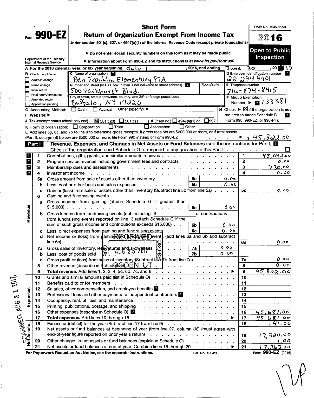 Image of first page of 2016 Form 990EZ for New York State PTA - 19-189 Ben Franklin Elementary PTA