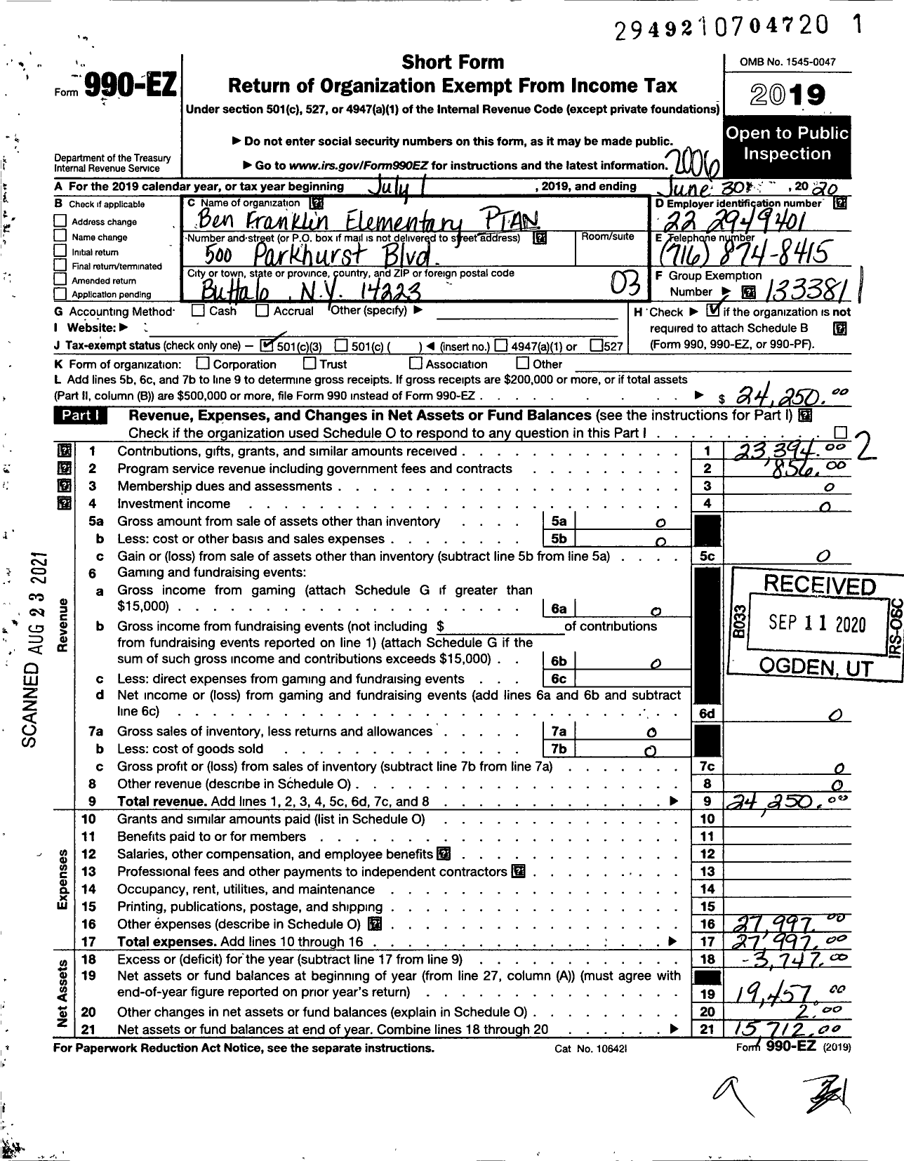 Image of first page of 2019 Form 990EZ for New York State PTA - 19-189 Ben Franklin Elementary PTA