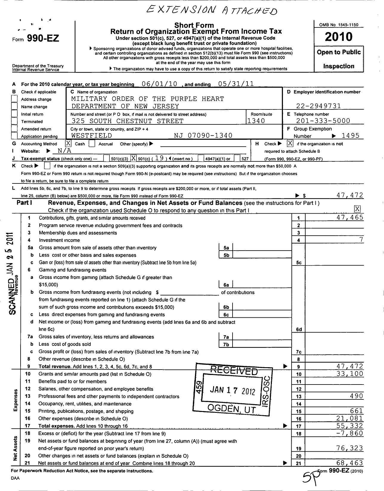 Image of first page of 2010 Form 990EO for Military Order of the Purple Heart - Department of New Jersey