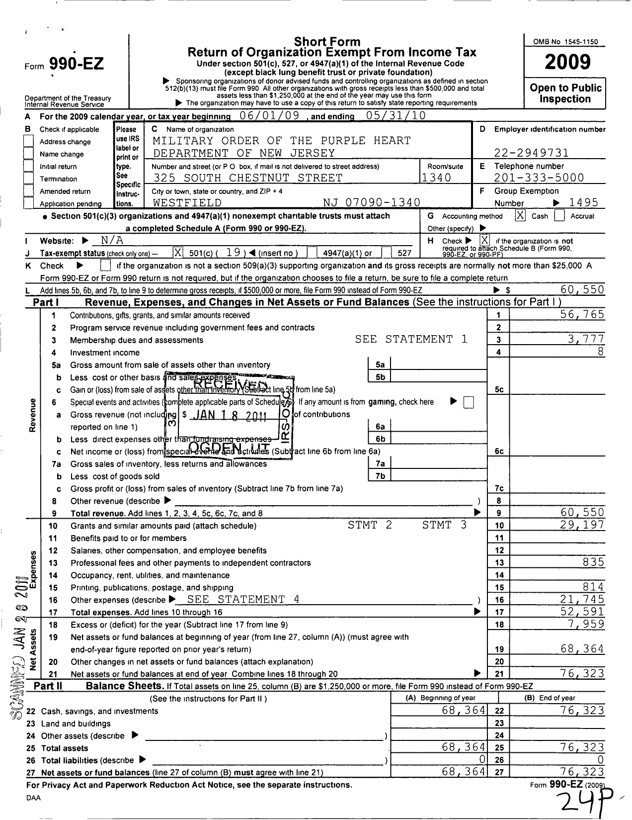 Image of first page of 2009 Form 990EO for Military Order of the Purple Heart - Department of New Jersey