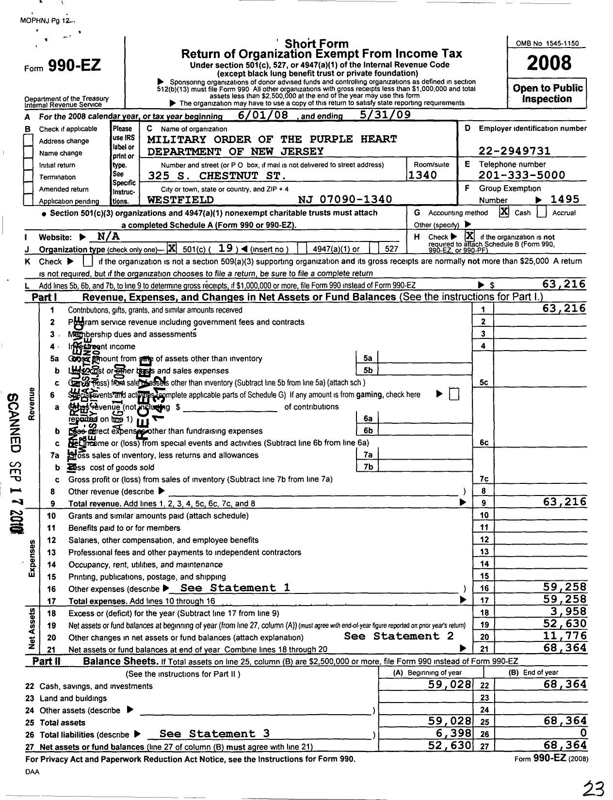 Image of first page of 2008 Form 990EO for Military Order of the Purple Heart - Department of New Jersey