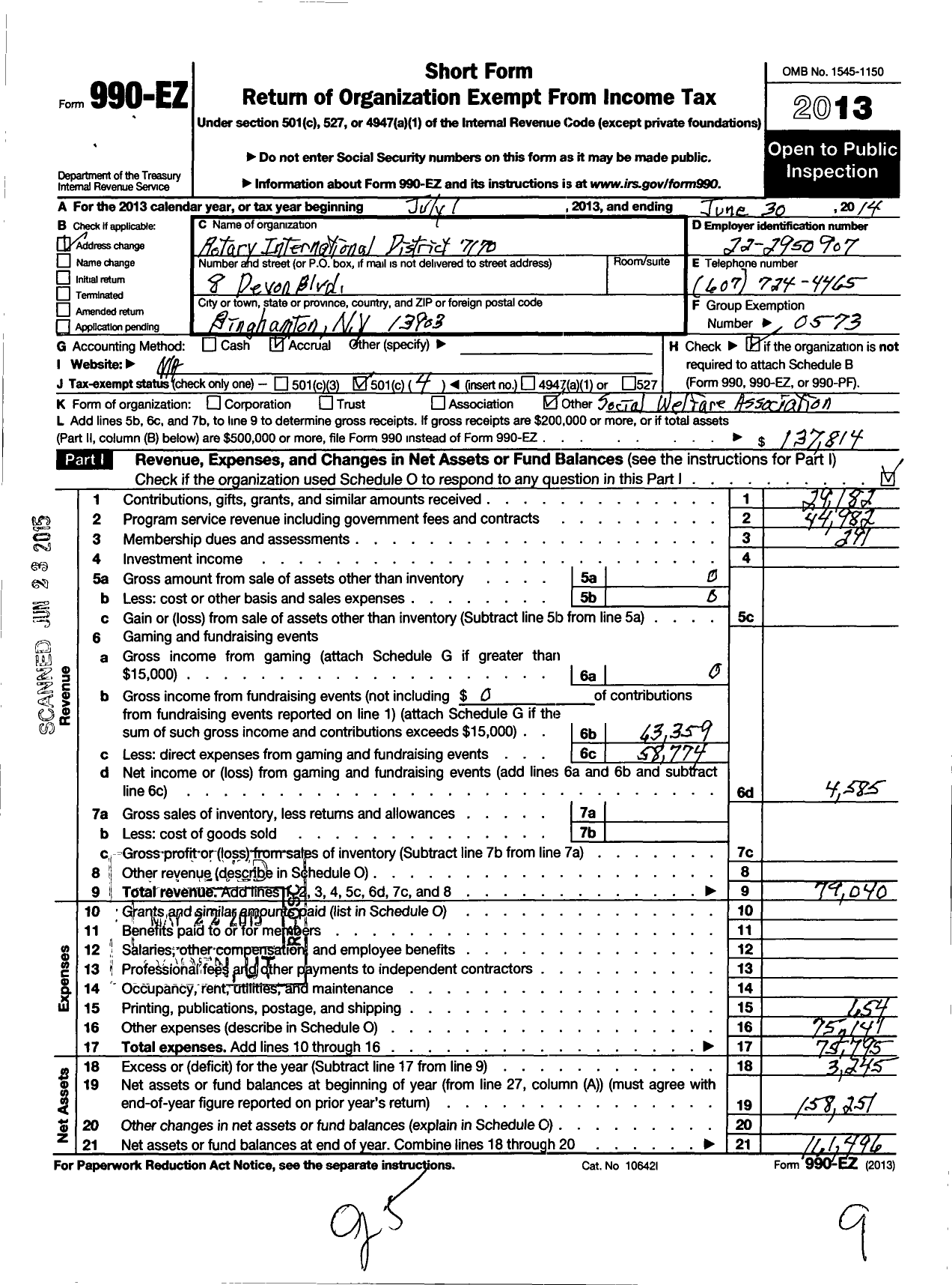 Image of first page of 2013 Form 990EO for Rotary International - 7170 District Rotary Club