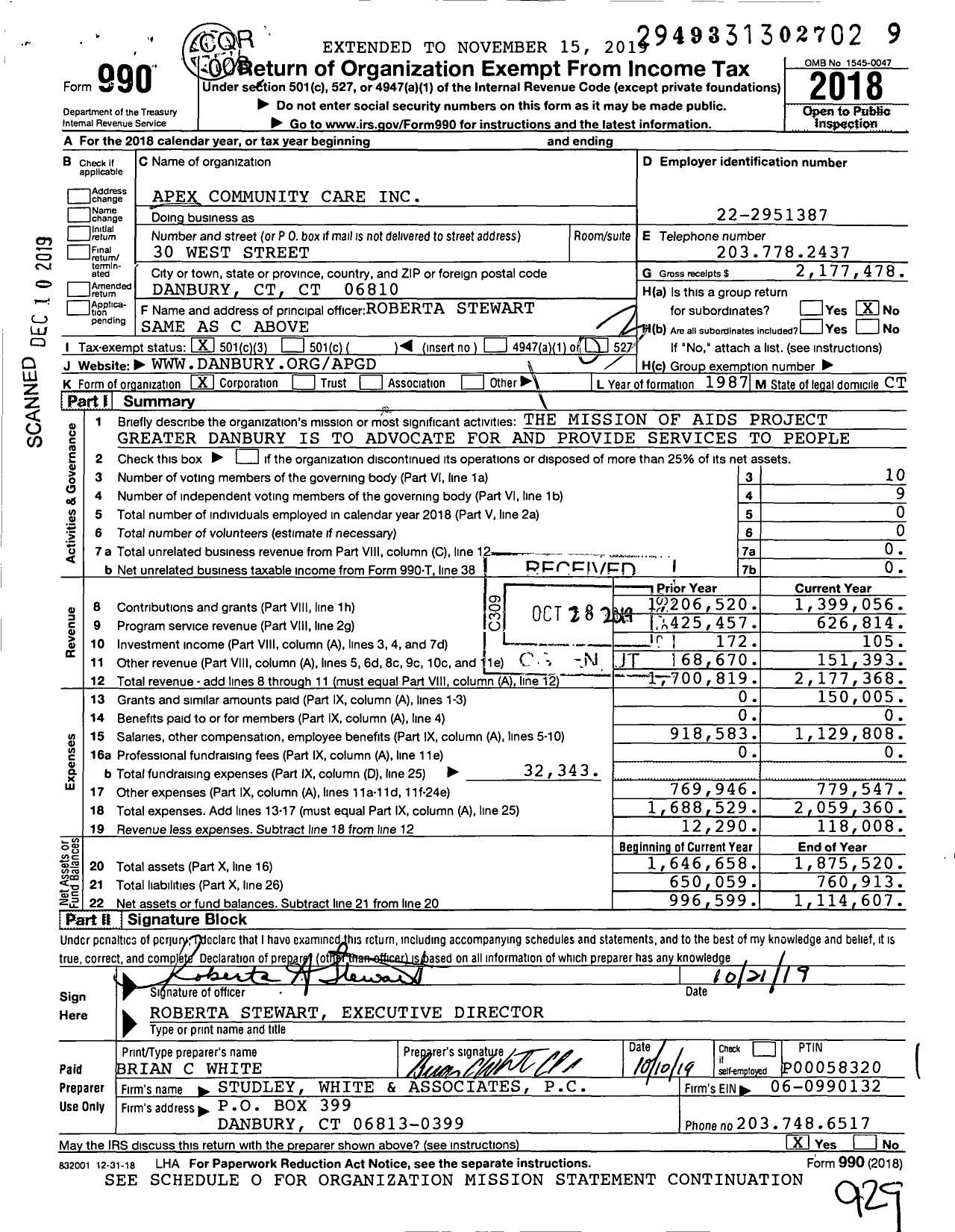 Image of first page of 2018 Form 990 for Apex Community Care