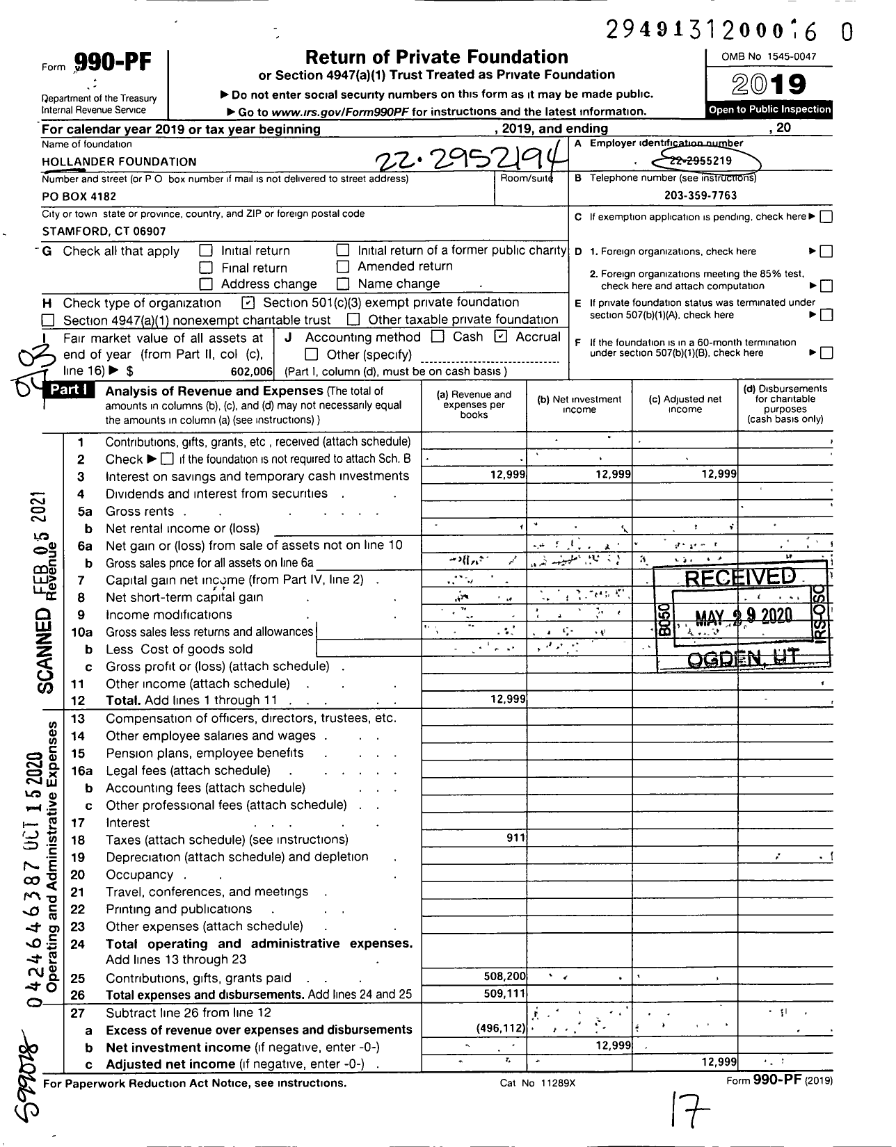 Image of first page of 2019 Form 990PF for Hollander Foundation