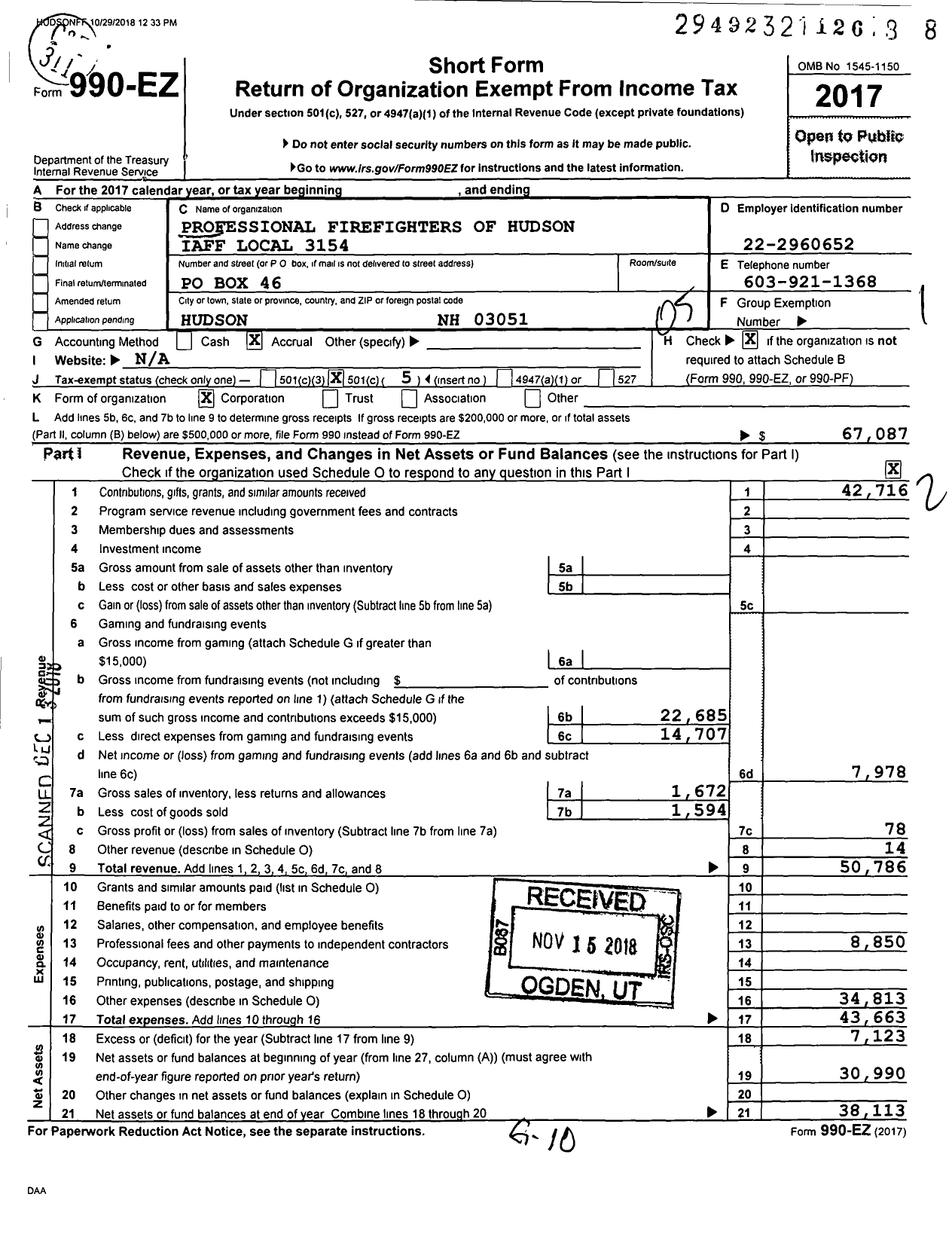 Image of first page of 2017 Form 990EO for International Association of Fire Fighters - L3154 Professional Fire Fighters of