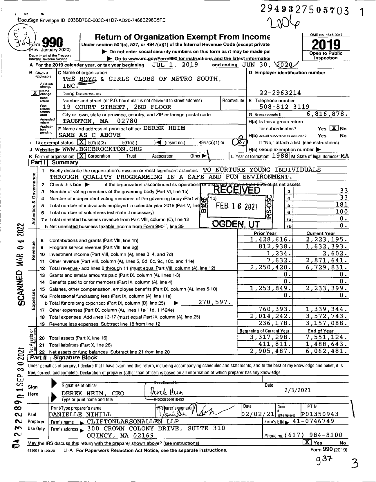 Image of first page of 2019 Form 990 for The Boys and Girls Clubs of Metro South