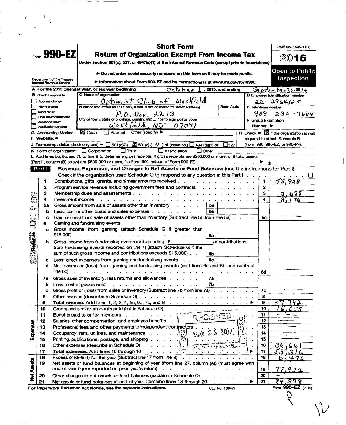 Image of first page of 2015 Form 990EO for Optimist International - 27153 Oc of Westfield NJ