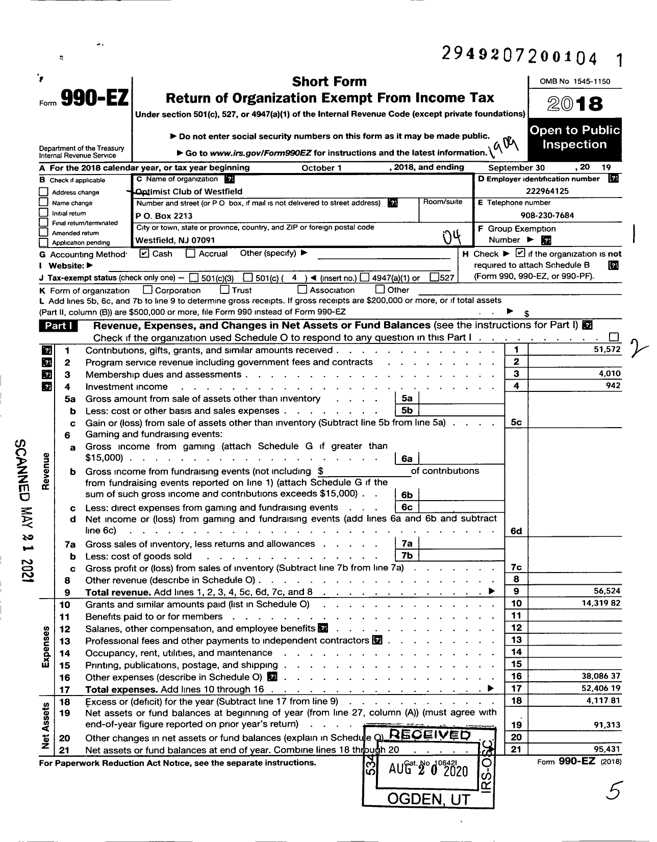 Image of first page of 2018 Form 990EO for Optimist International - 27153 Oc of Westfield NJ