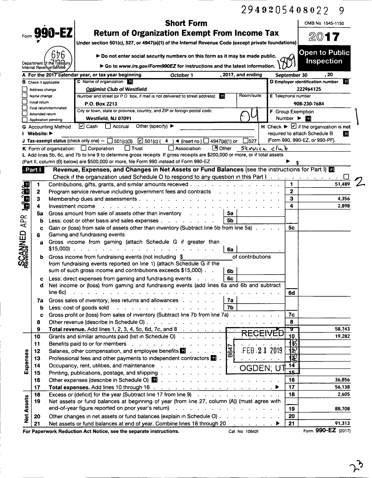 Image of first page of 2017 Form 990EO for Optimist International - 27153 Oc of Westfield NJ