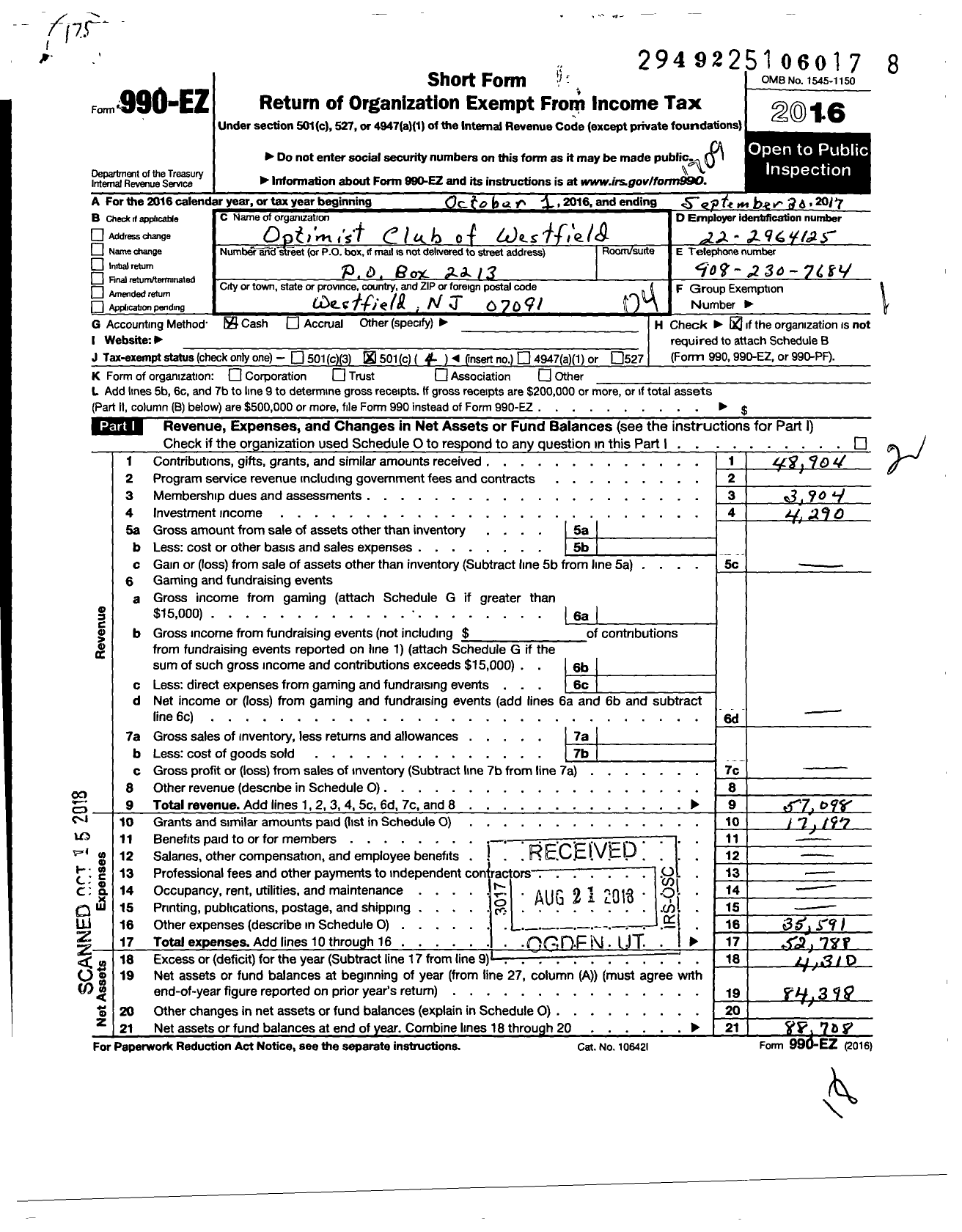 Image of first page of 2016 Form 990EO for Optimist International - 27153 Oc of Westfield NJ