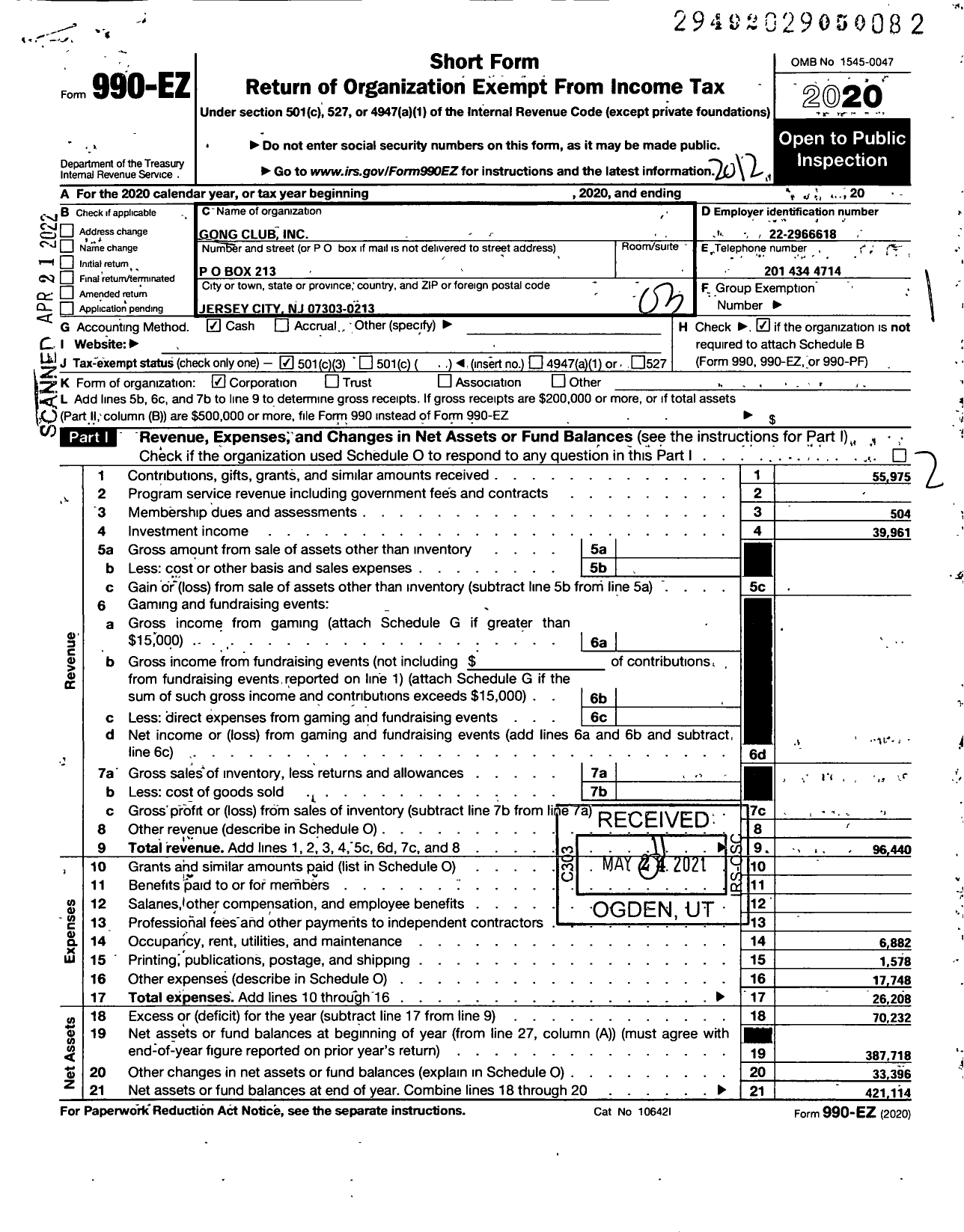 Image of first page of 2020 Form 990EZ for Gong Club