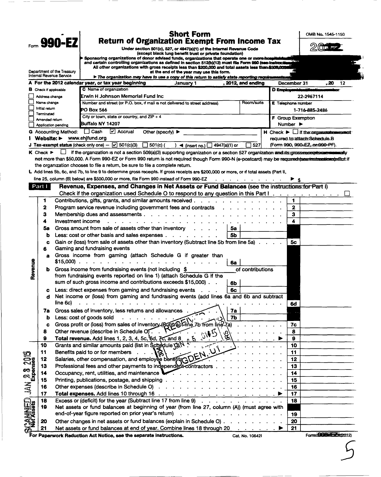 Image of first page of 2012 Form 990EZ for Erwin H Johnson Memorial Fund