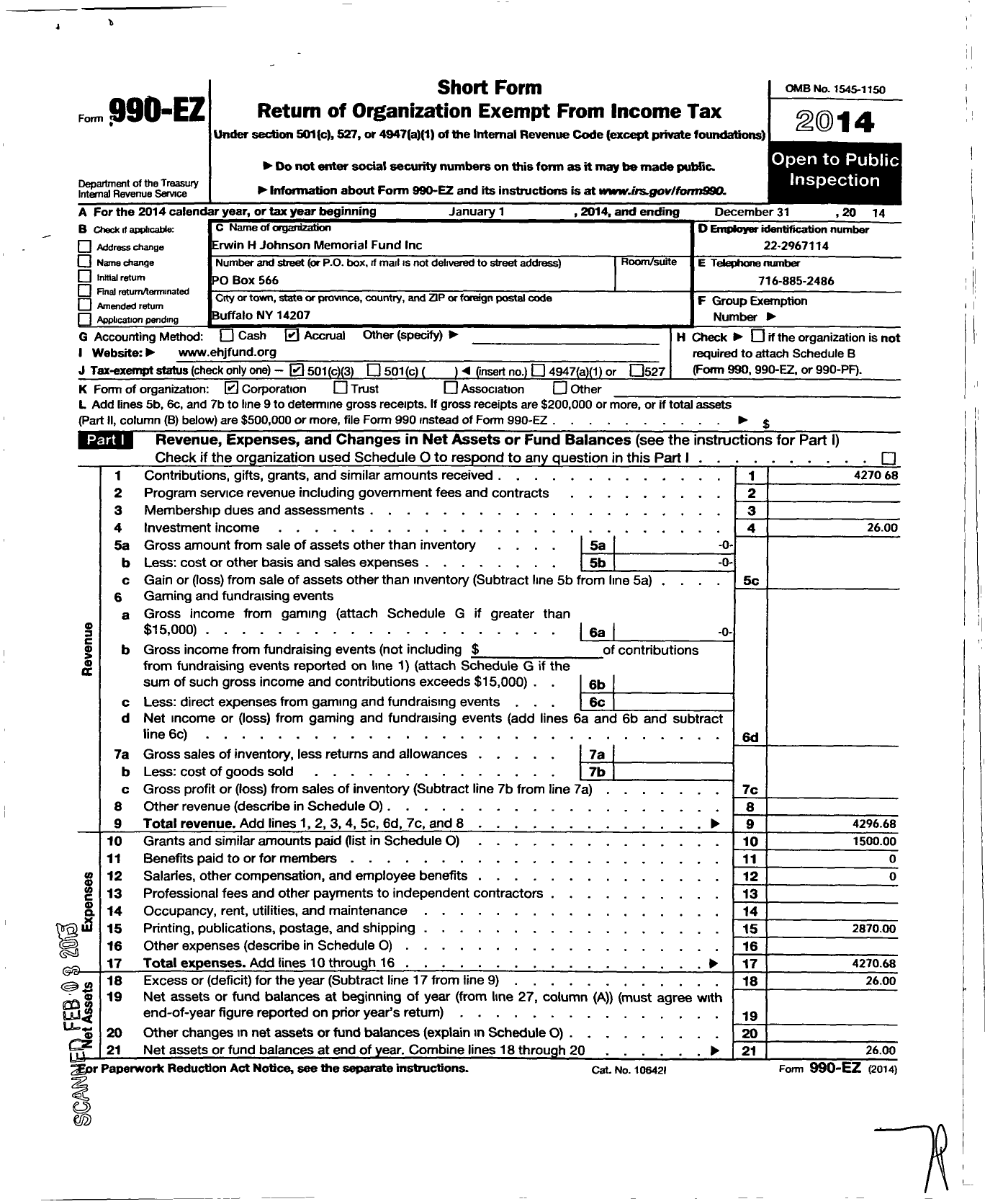 Image of first page of 2014 Form 990EZ for Erwin H Johnson Memorial Fund