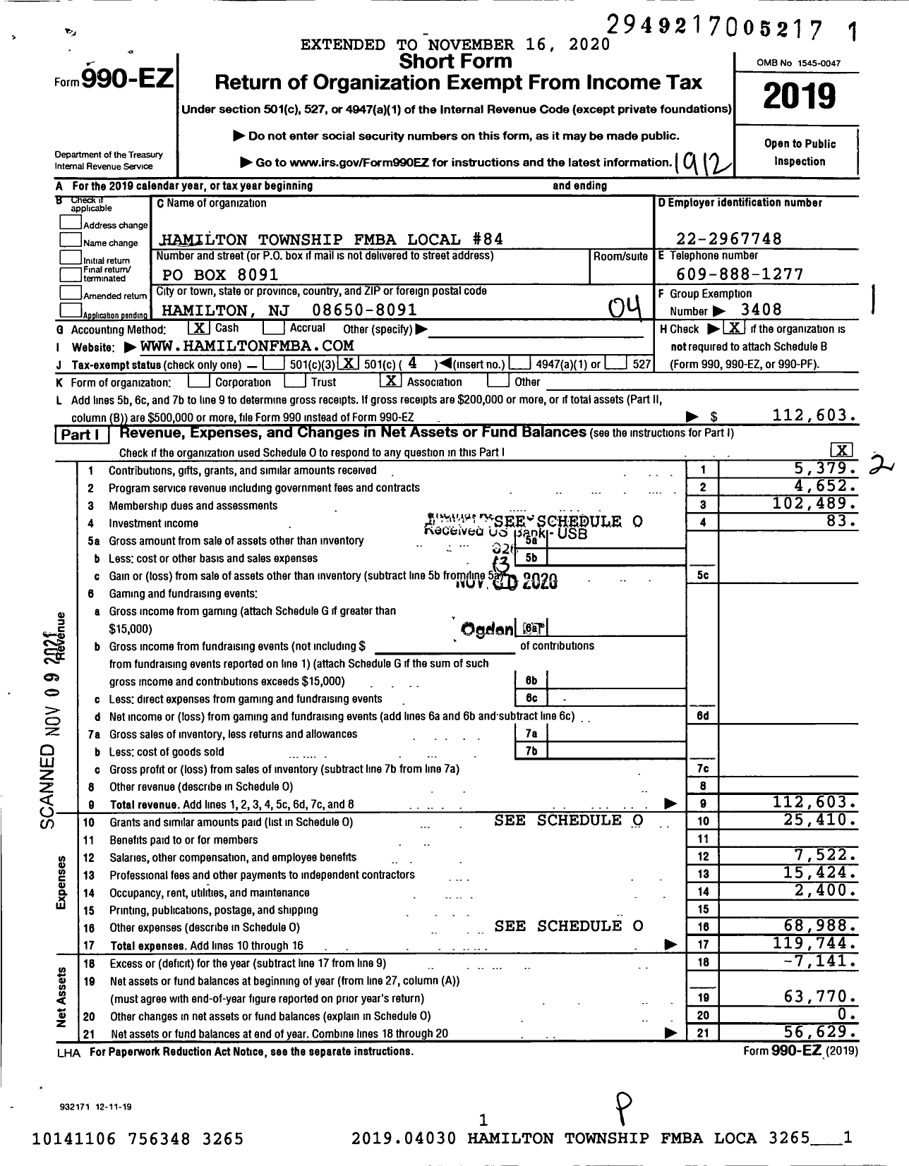 Image of first page of 2019 Form 990EO for New Jersey State Firemens Mutual Benevolent Association - 84 Local Hamilton