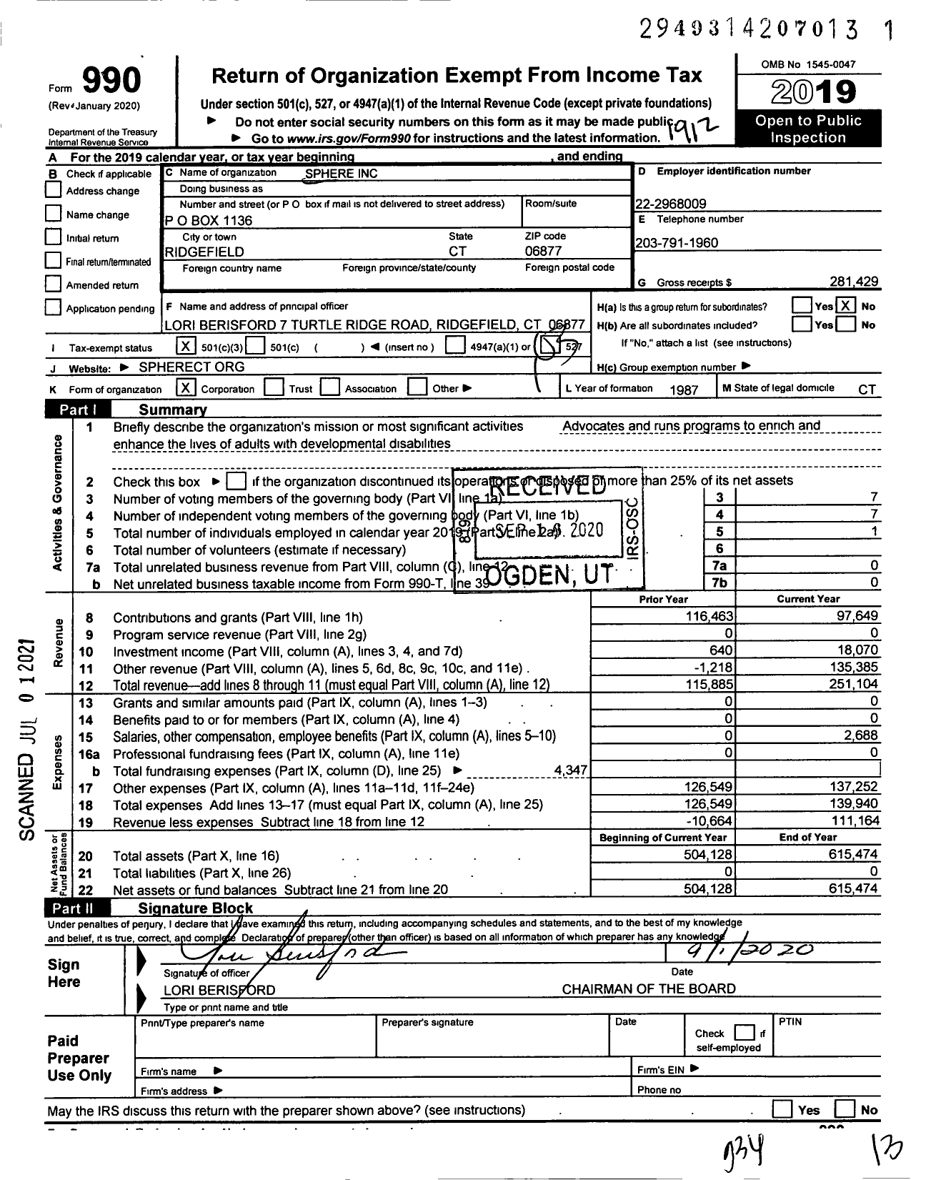 Image of first page of 2019 Form 990 for Sphere