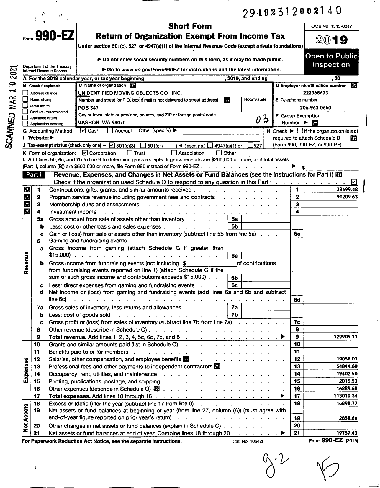 Image of first page of 2019 Form 990EZ for Unidentified Moving Objects Company (UMO)