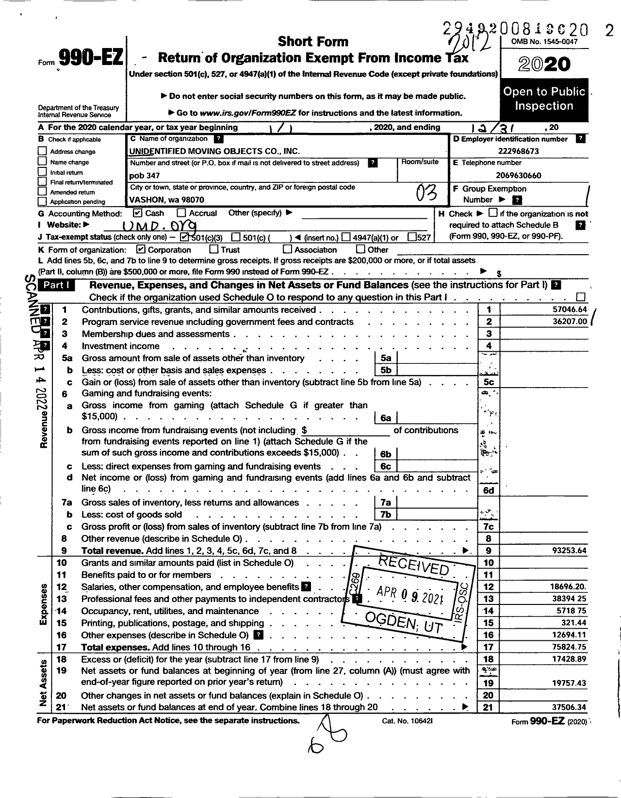 Image of first page of 2020 Form 990EZ for Unidentified Moving Objects Company (UMO)