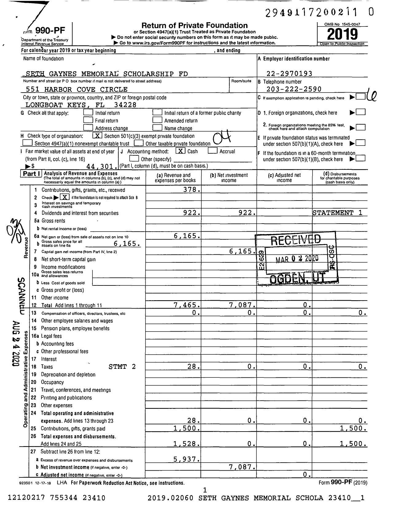 Image of first page of 2019 Form 990PR for Seth Gaynes Memorial Scholarship Fund