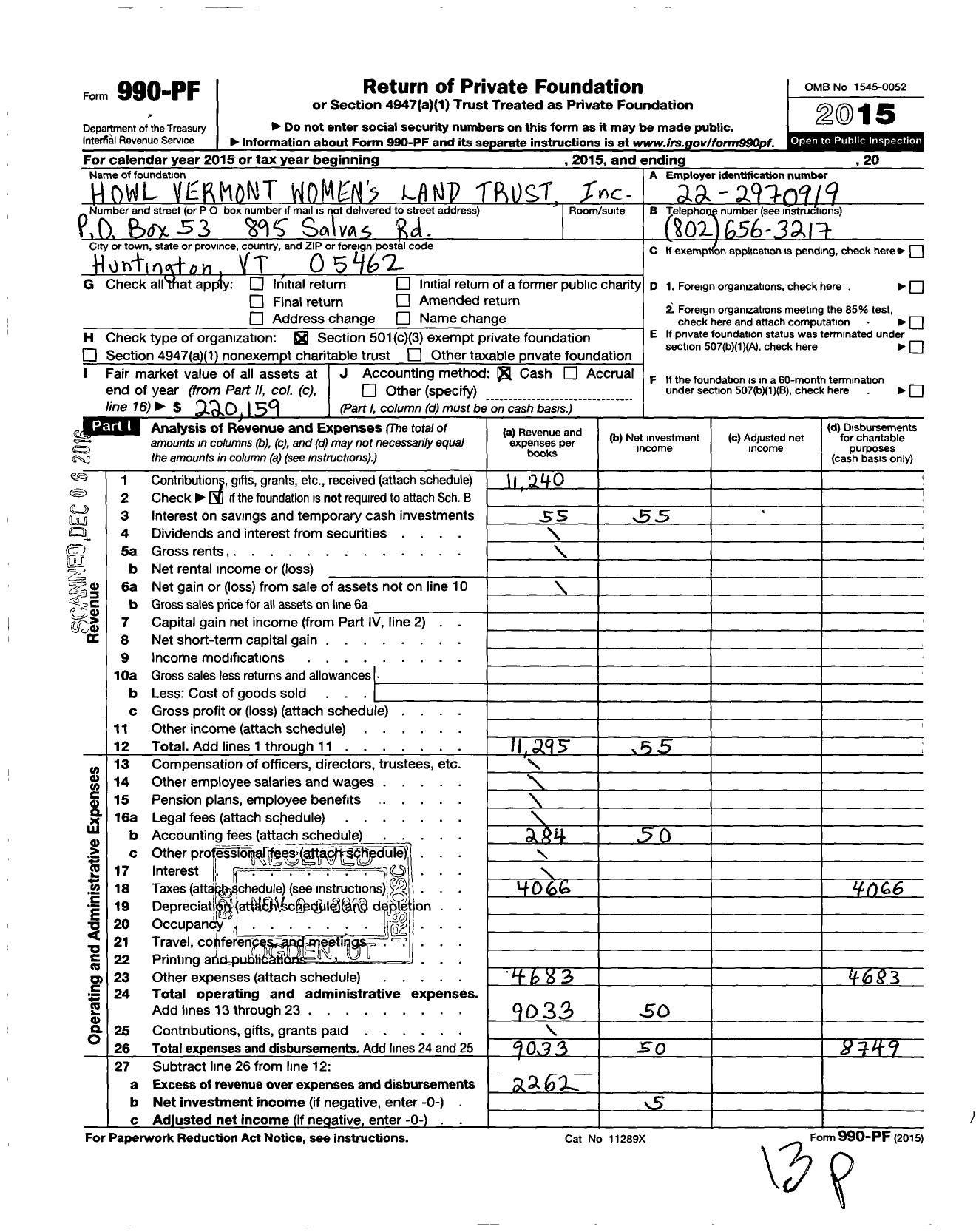 Image of first page of 2015 Form 990PF for Howl Vermont Womens Land Trust