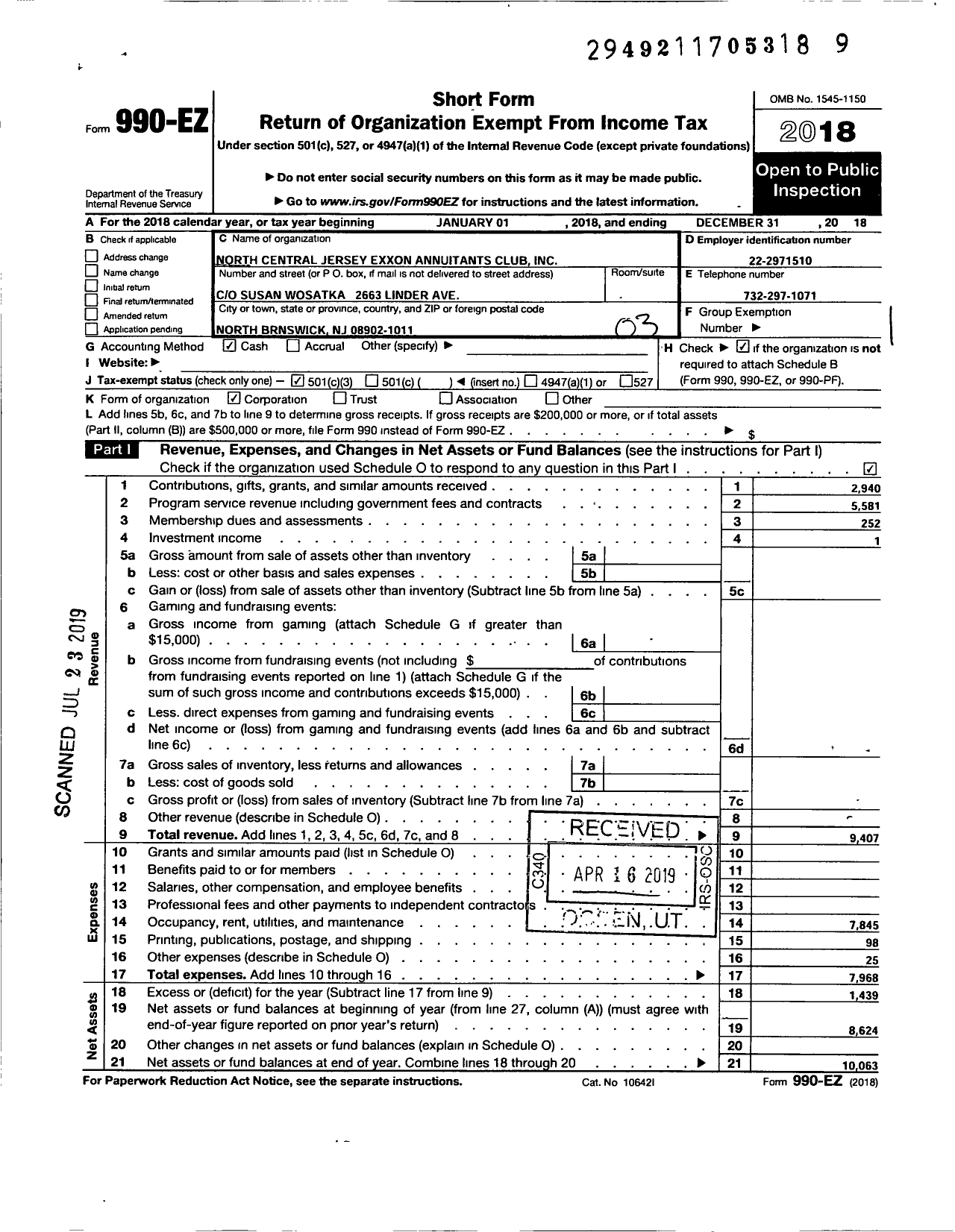 Image of first page of 2018 Form 990EZ for North Central Jersey Exxon Annuitant Club