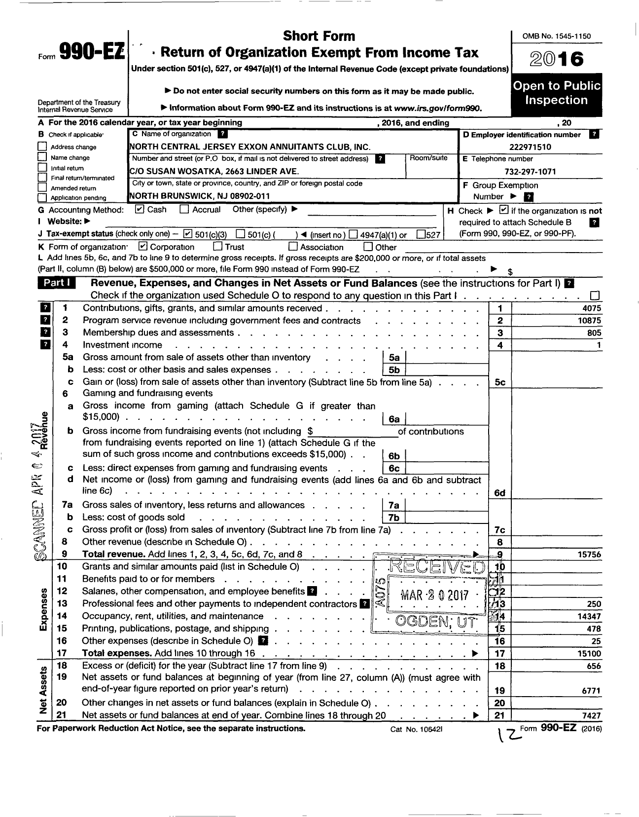 Image of first page of 2016 Form 990EZ for North Central Jersey Exxon Annuitant Club