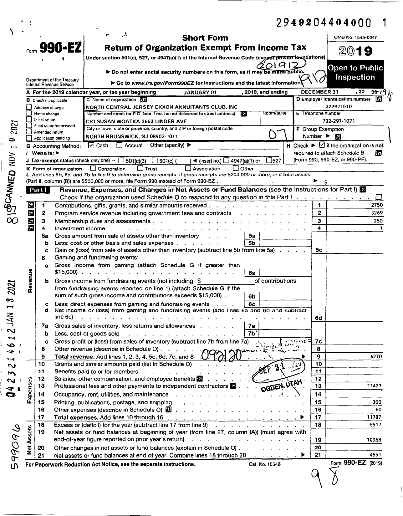 Image of first page of 2019 Form 990EO for North Central Jersey Exxon Annuitant Club