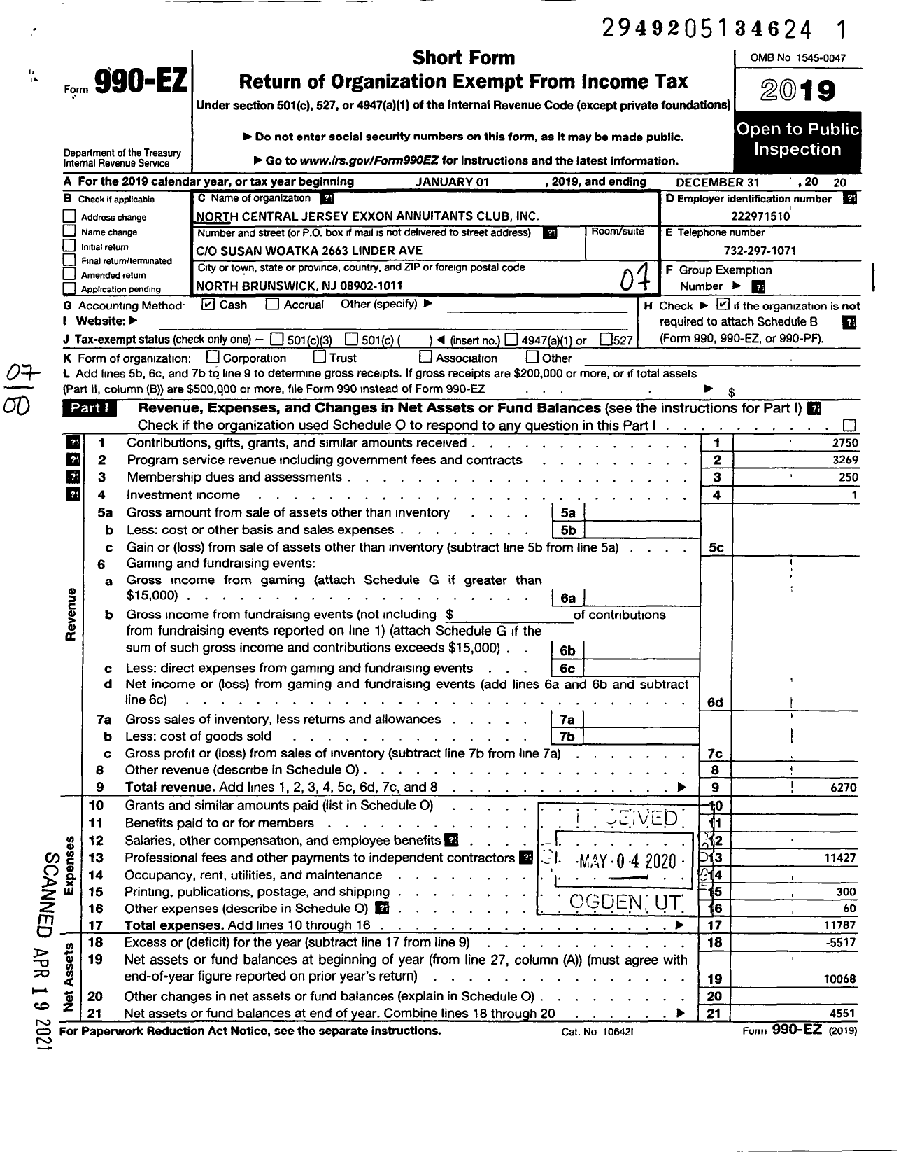 Image of first page of 2020 Form 990EO for North Central Jersey Exxon Annuitant Club