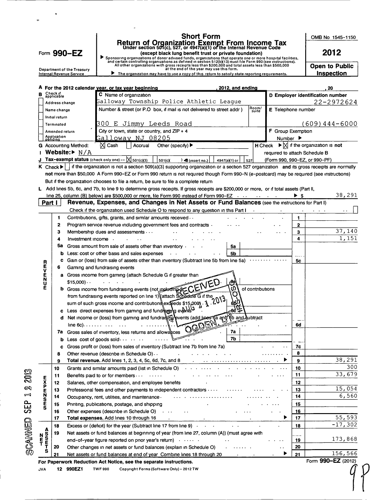 Image of first page of 2012 Form 990EZ for Pal of Galloway Township