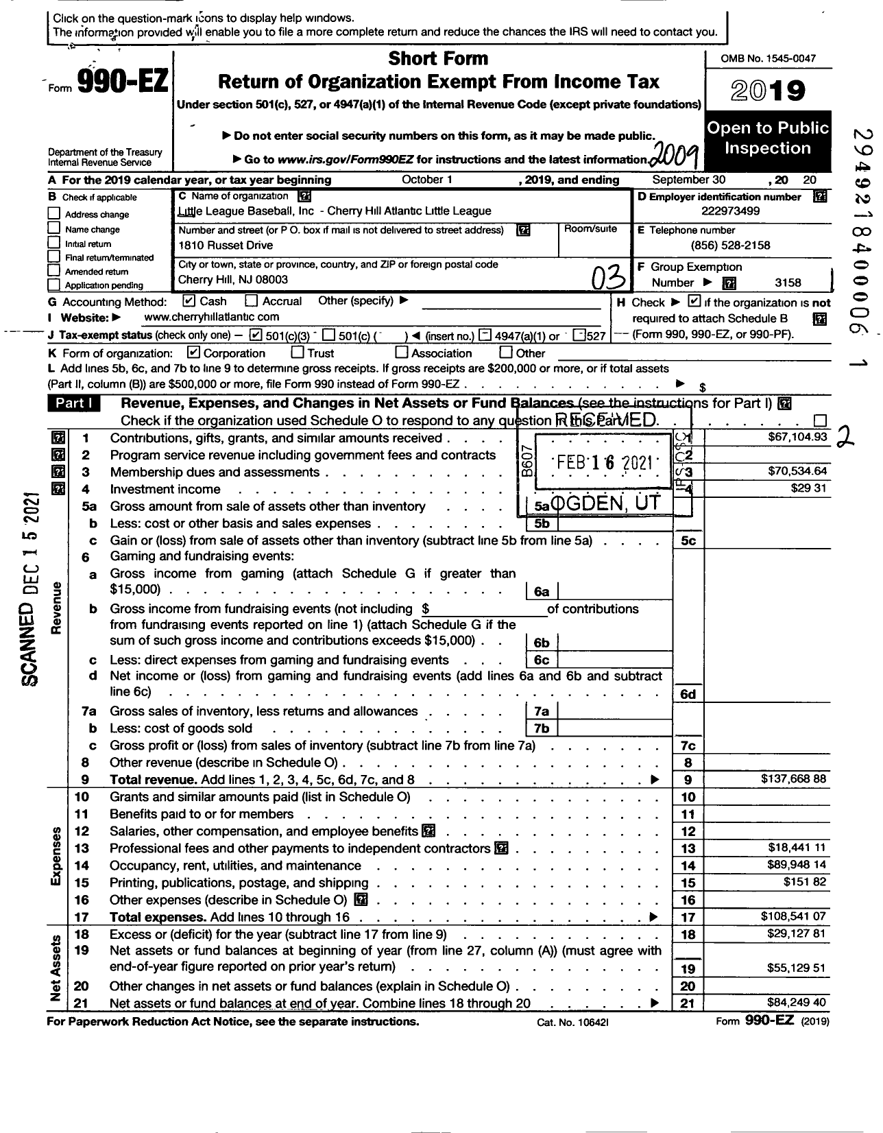 Image of first page of 2019 Form 990EZ for Little League Baseball - 2301322 Cherry Hill Atlantic LL