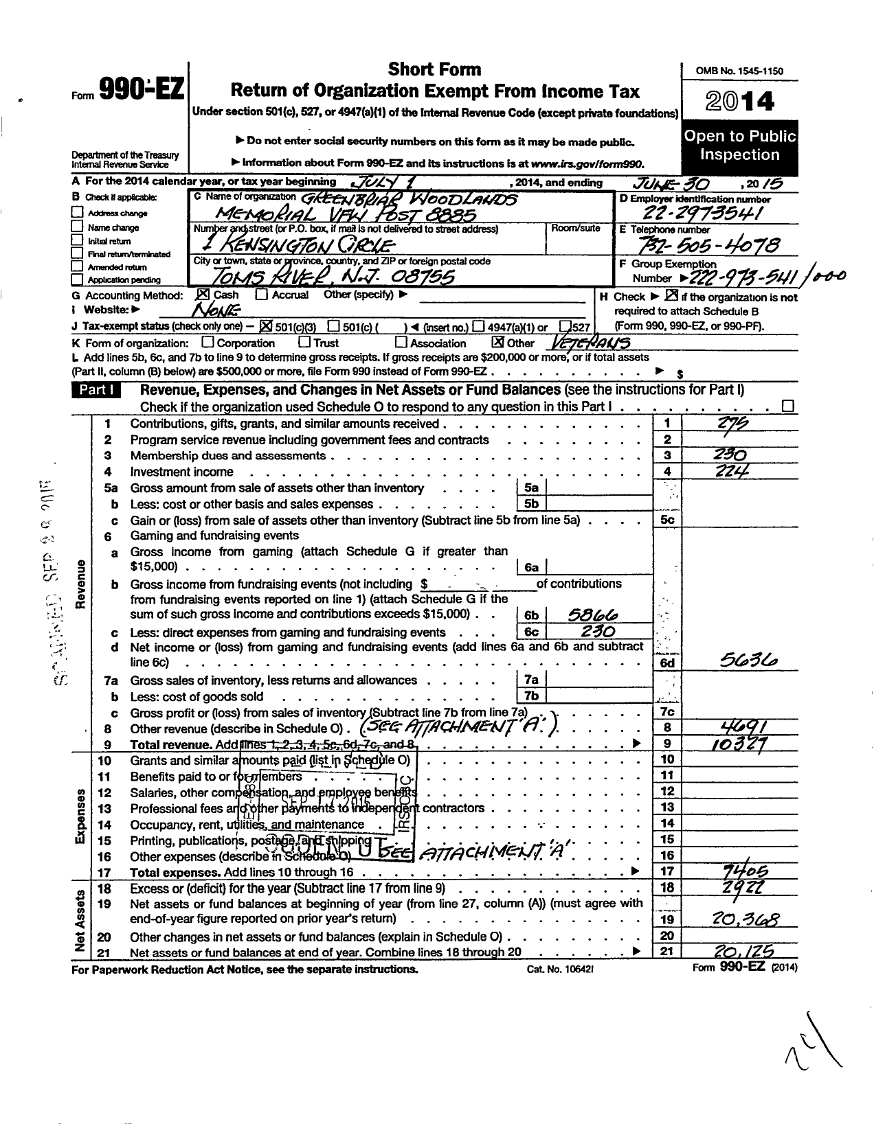 Image of first page of 2014 Form 990EZ for Department of New Jersey VFW - 8885 Greenbriar Woodlands Memorial