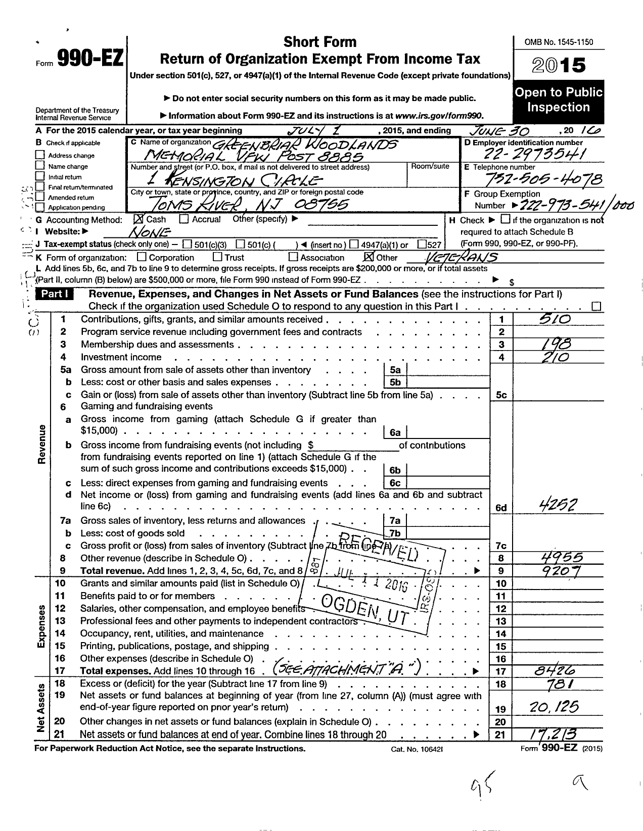 Image of first page of 2015 Form 990EO for Department of New Jersey VFW - 8885 Greenbriar Woodlands Memorial