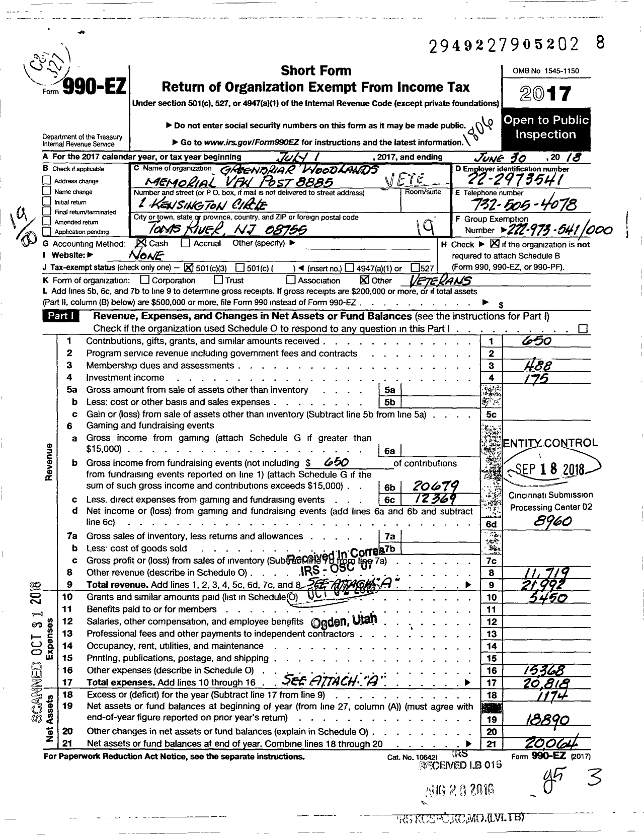 Image of first page of 2017 Form 990EO for Department of New Jersey VFW - 8885 Greenbriar Woodlands Memorial