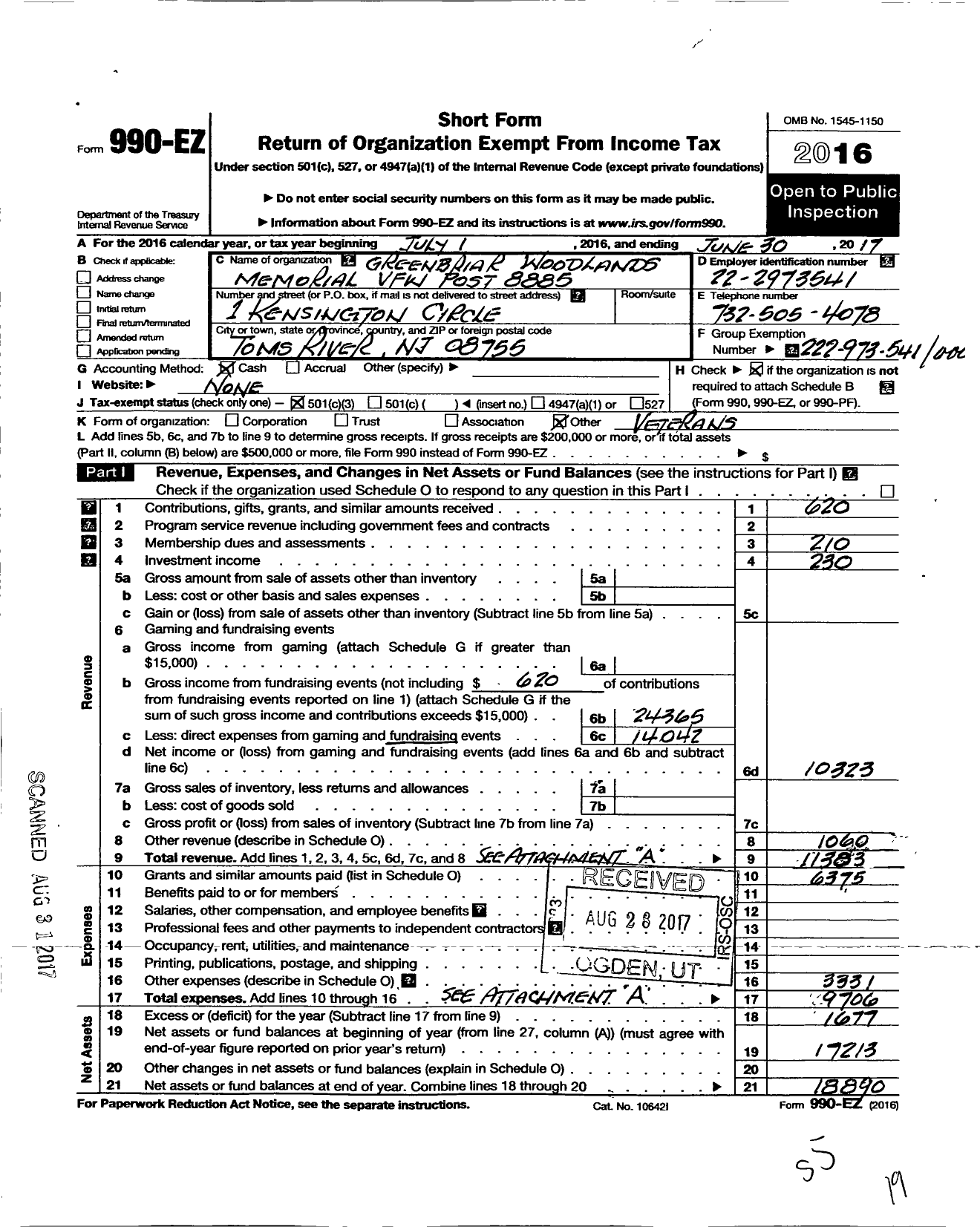 Image of first page of 2016 Form 990EZ for Department of New Jersey VFW - 8885 Greenbriar Woodlands Memorial